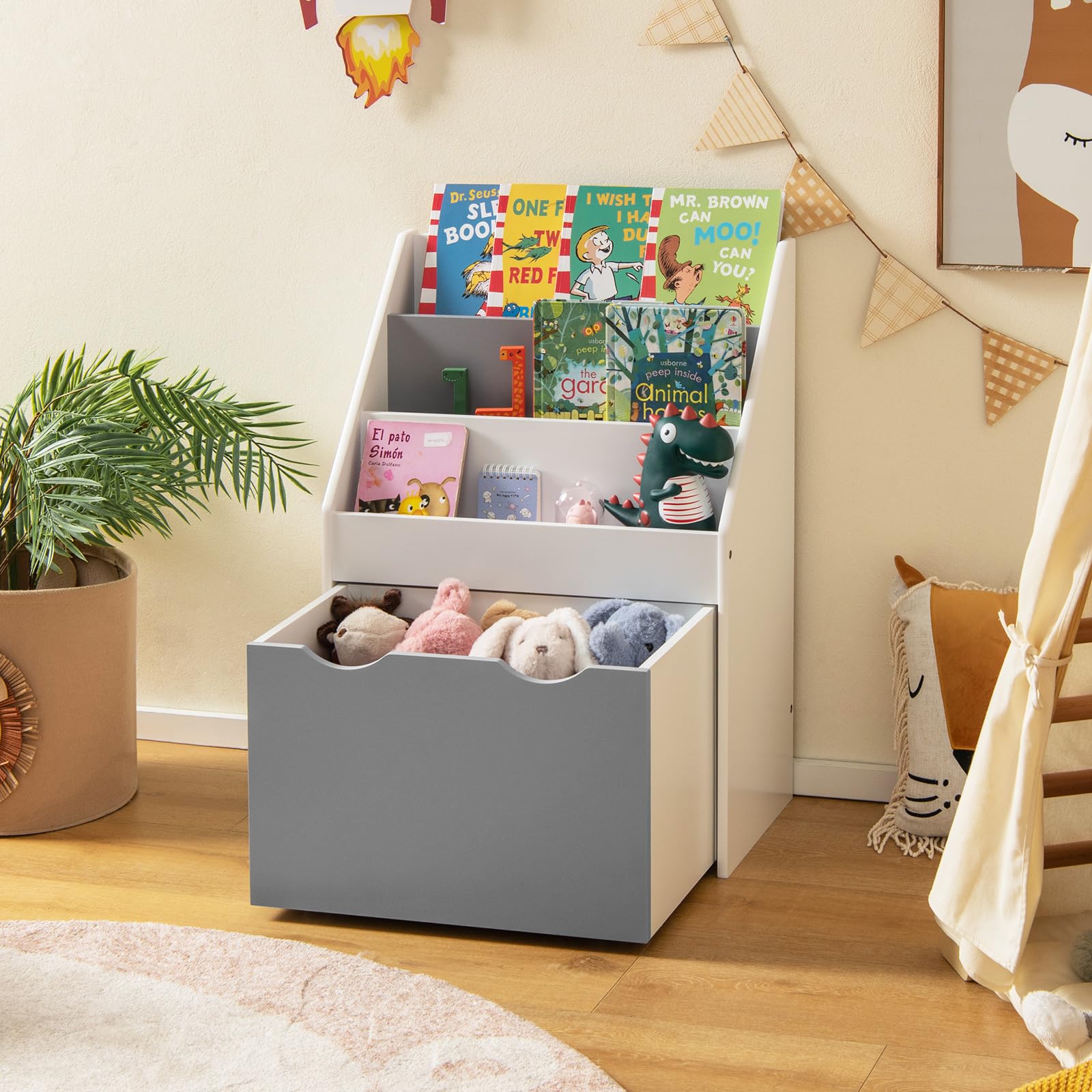 COSTWAY Libreria Montessoriana per Bambini, Scaffale per Libri a 3 Livelli con Cassetto Inferiore e 4 Ruote, per Cameretta, Stanza dei Giochi e Asilo, 50 x 28 x 70 cm, Grigio e Bianco