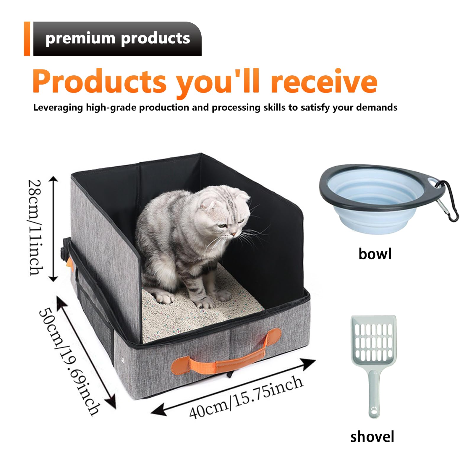 Bac À Litière De Voyage, Bac Litiere pour Chat Portable Et Pliable, Caisse Chat Litiere Et Portable, Litiere De Voyage en Tissu Oxford, Le Camping, Pliable, Étanche, 50 X 40 X 28 Cm, Gris
