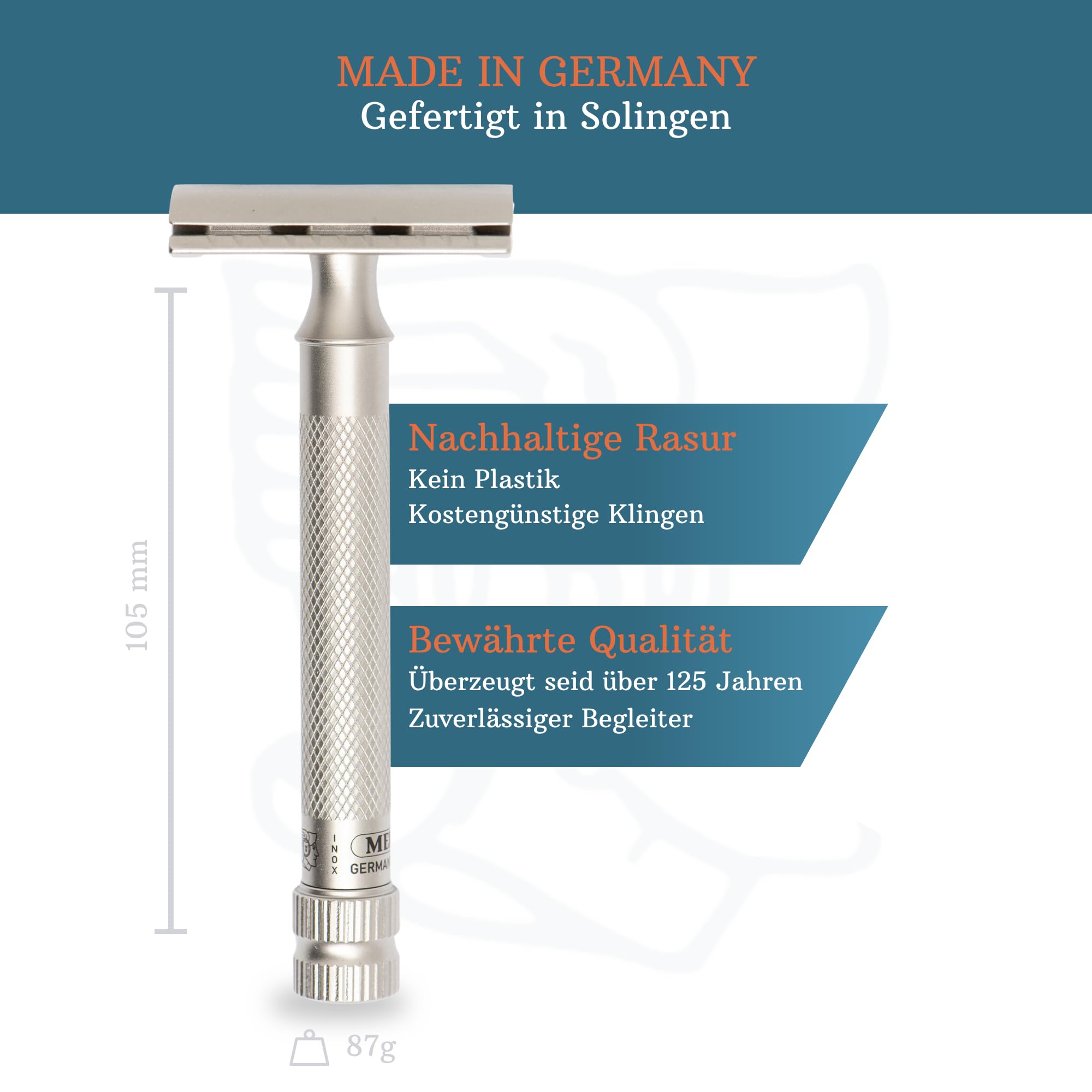 MERKUR Edelstahl Rasierhobel 34 INOX XL | Seidenmatt | Zweiteiliger Premium Rasierer mit geradem Schnitt | Geschlossener Kamm | Ideal für Nassrasur | Made in Germany