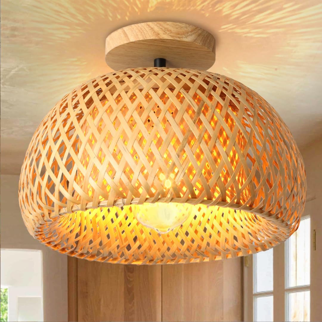 GUANSHAN Double Layer Bamboo Woven Ceiling Lamp Country Style Hallway Chandelier Ceiling Lighting Decorative Ceiling Light Fixture for Entryway, Hallway, Bedroom