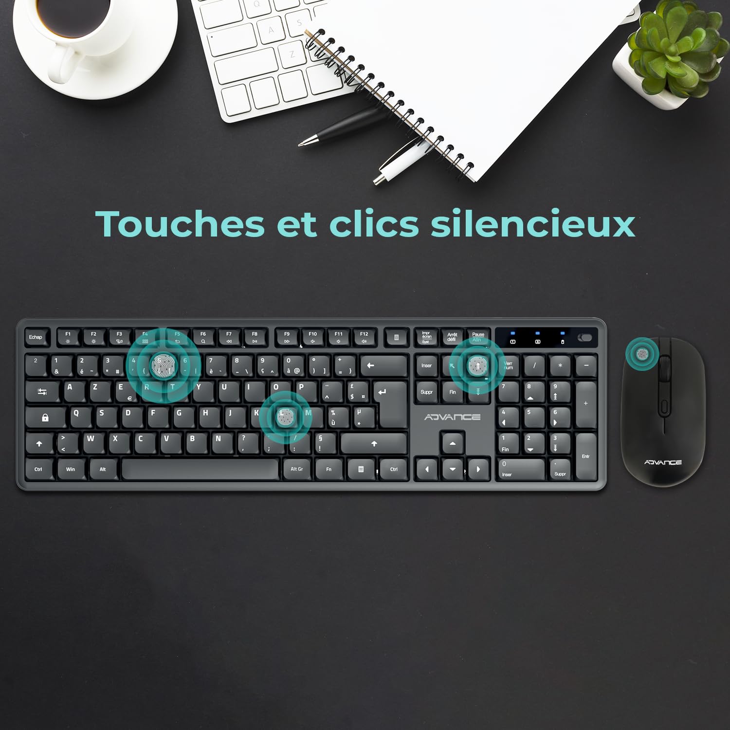AD ADVANCE - SilentKeys, Pack Clavier Souris sans Fil Silencieux pour PC et Mac, Clavier AZERTY 105 Touches, 12 Raccourcis Multimédias, Hauteur Réglable, Souris 1600 DPI, Dongle USB, Noir