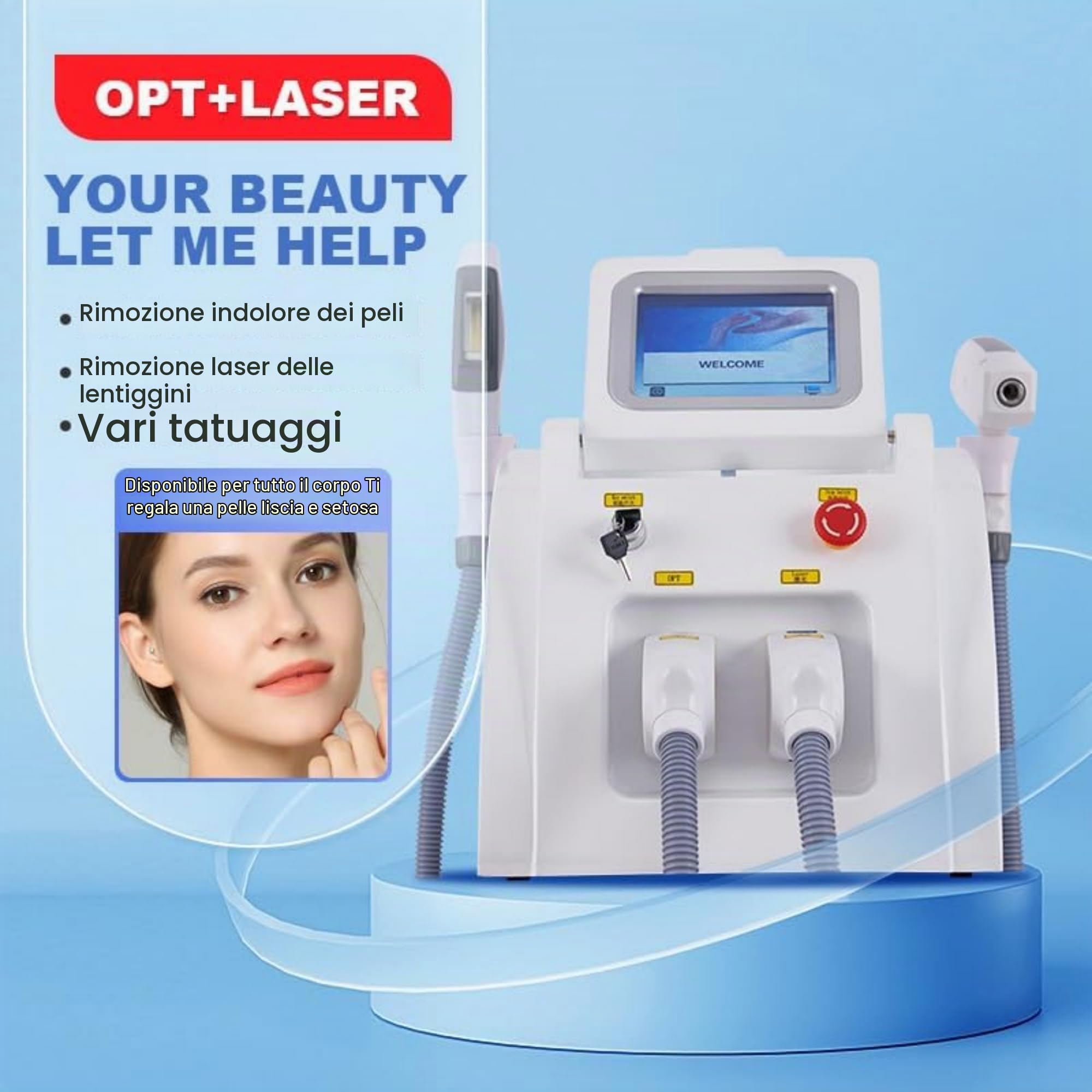 Macchina Multifunzione 2 in 1 per Depilazione e Cura della Pelle con Tecnologia OPT SHR + Nd:YAG – Schermo Touch da 8 Pollici, Trattamenti per Viso, Corpo e Tatuaggi