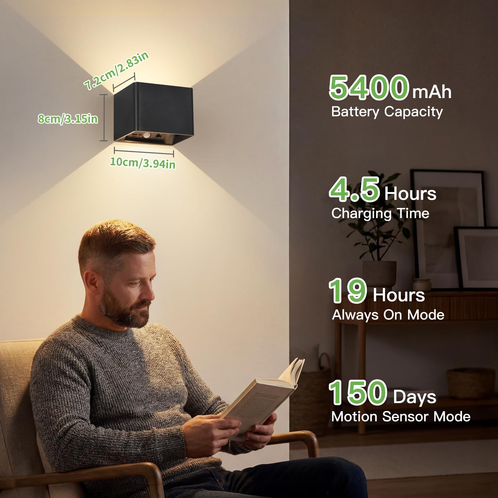 Kimjo Negro Aplique Pared Interior sin Cable, Lámparas de Pared LED Recargable con Sensor de Movimiento y Control Remoto, Luz de Pared Moderna con Función de Temporizador para Escaleras y Pasillos