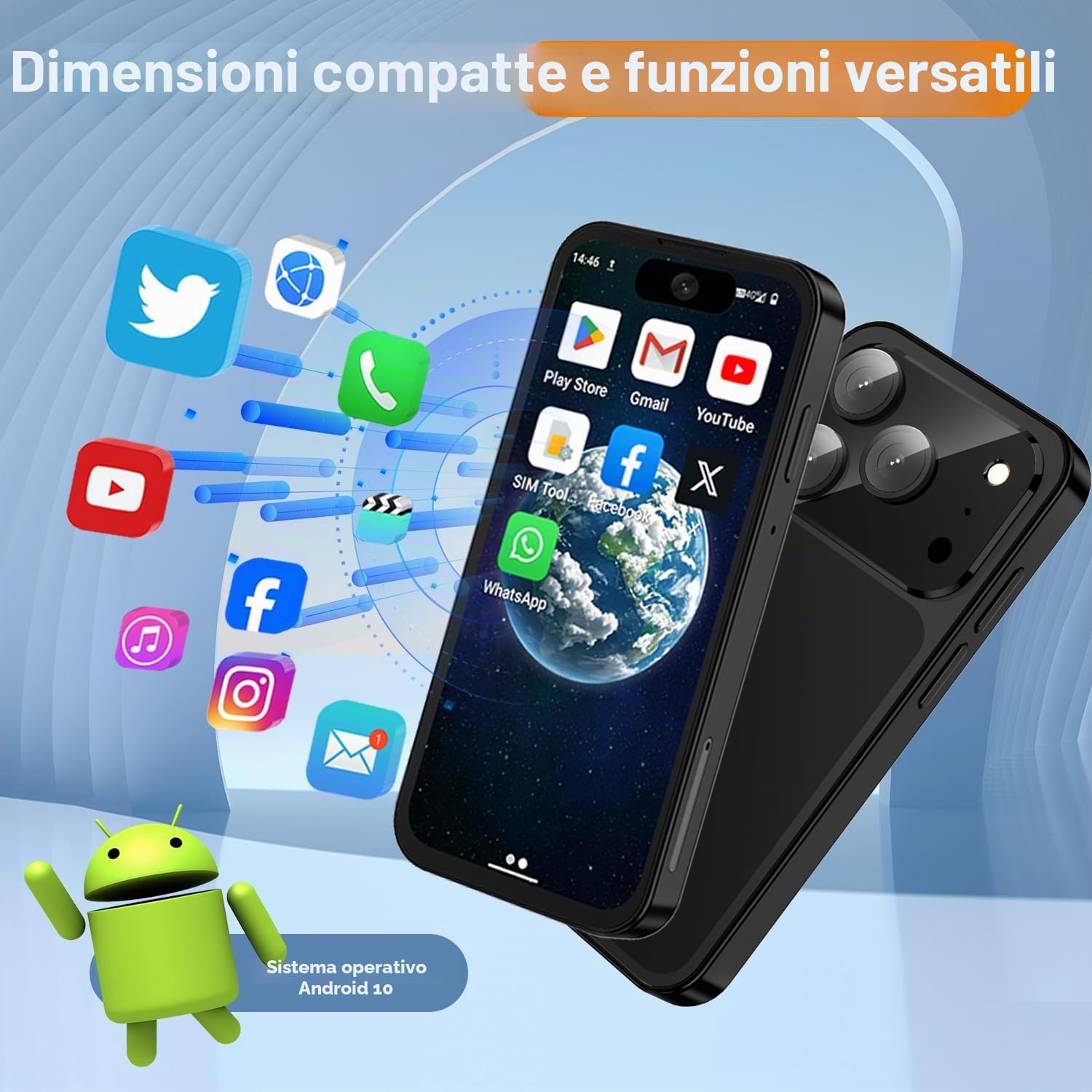 3G - Mini cellulare sbloccato, Dual SIM, riconoscimento facciale, display HD da 3,88 pollici, carino e pratico secondo cellulare, piccolo smartphone per bambini e studenti (Nero-3G)