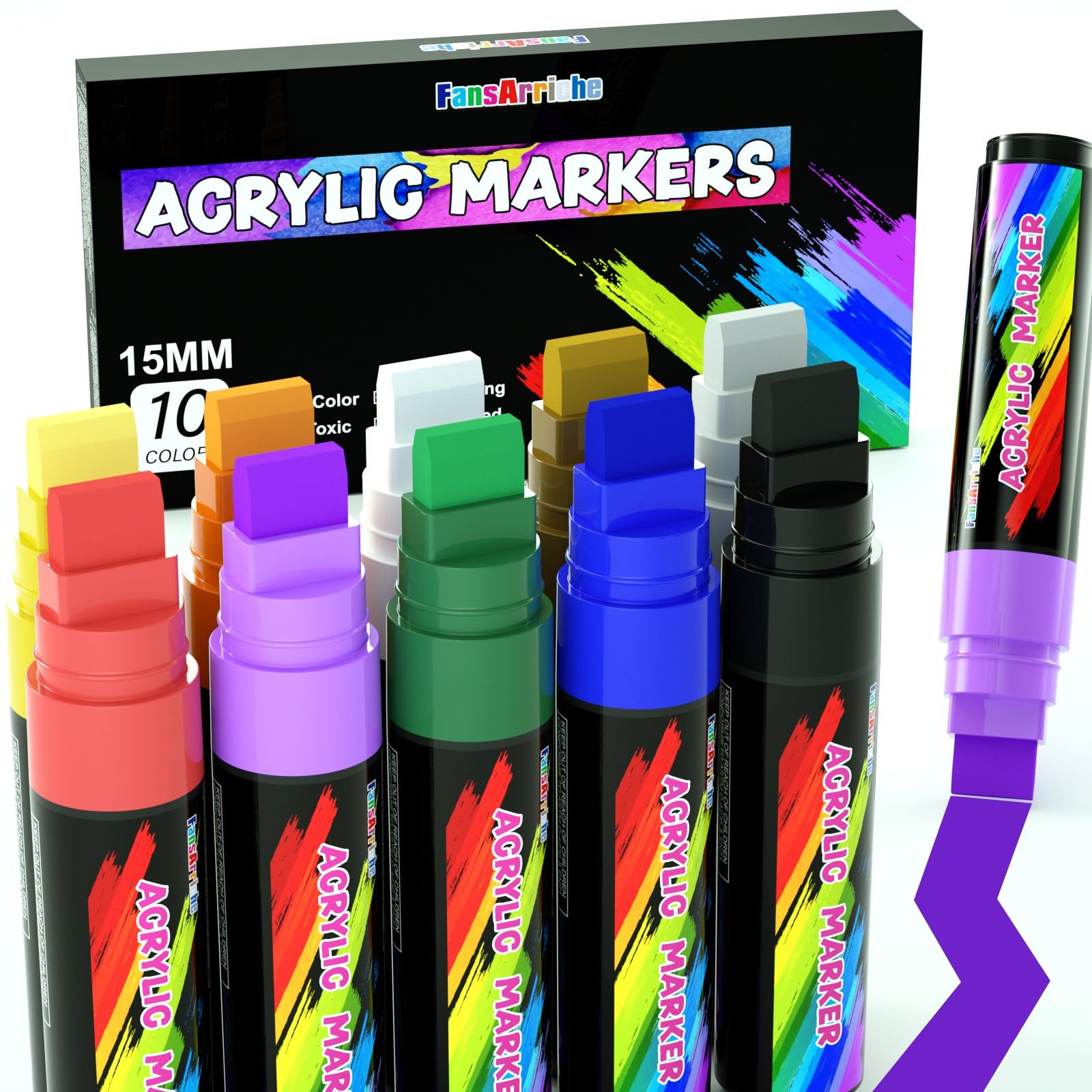 FansArriche Acrylic Marker Pens, 15 mm Jumbo Felt Tip, 10 Colours Waterproof Paint Pens for Marking, Acrylic Marker for Stones, Waterproof, Signs, Calligraphy and Paintings Outdoor