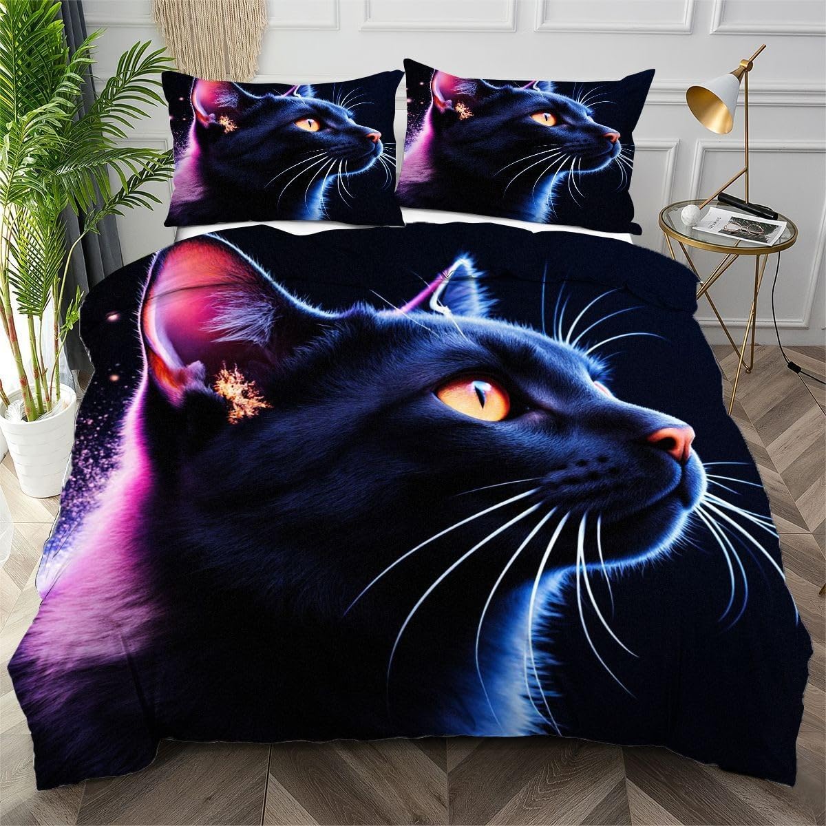 Housse de Couette 200x200 Chat Bleu, Parure de Lit 2 Personnes en Microfibre