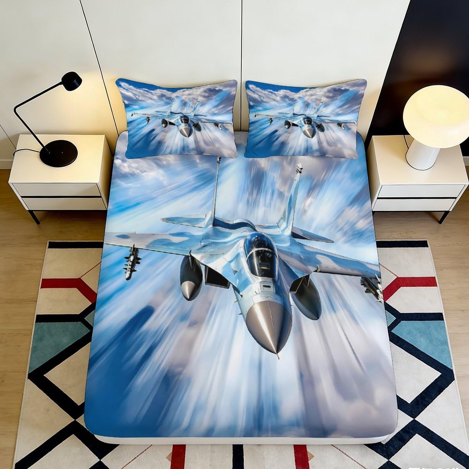 3D Printed Fighter Jet Fitted Sheet Microfiber Soft Blue Sky Aircraft Bed Sheet for Bedroom Dorm Mattress Cover 90x200x25cm