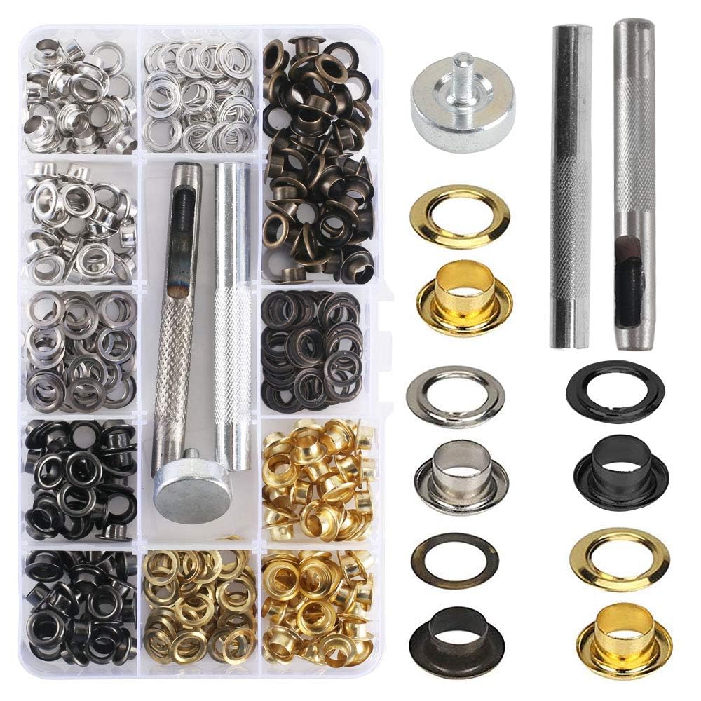 KINDPMA Eyelets and Punch 200 Sets 6mm Eyelet Kit 1/4 inch Eyelet Punch Kit Grommet Kit 4 Colour/Silver Eyelets with Install Tool Plastic Box Eyelets for Fabric Canvas Leather Pet Collar Shoes Bag