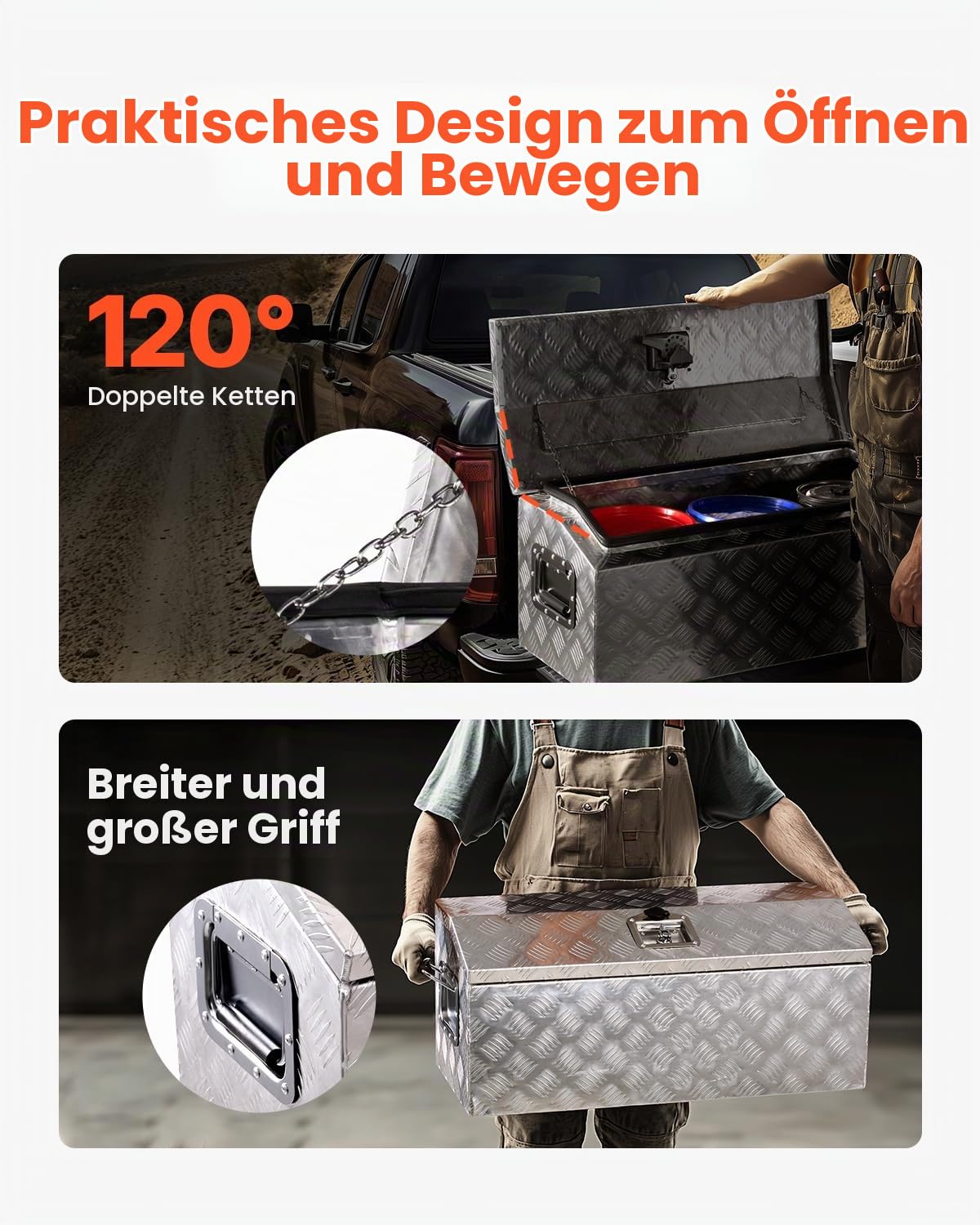 VEVOR Werkzeugkasten aus Aluminium für die Ladefläche, gestreifte Werkzeugkiste (762 x 330,2 x 330,2 mm) mit seitlichem Griff & T-Lock-Schlüssel, Aufbewahrungs-Organizer für Anhänger Silber
