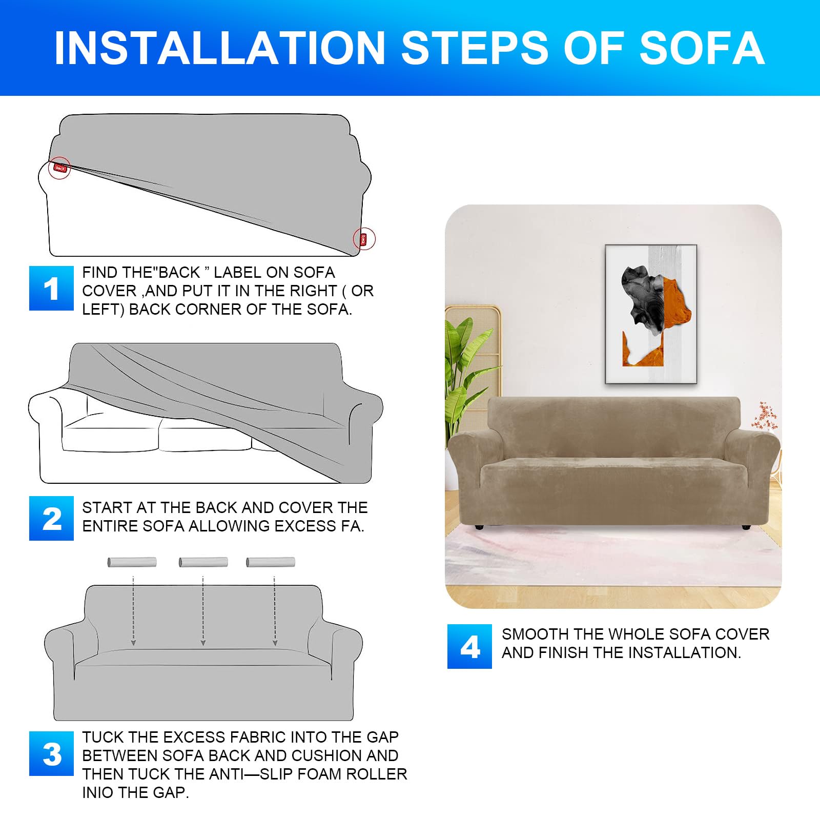 Terciopelo Funda Sofa 3 Plazas Ajustable Y Elastica, Funda De Sofa Antideslizante Antimanchas, Universal Couch Cover Protector, con Reposabrazos, Lavable, Camello