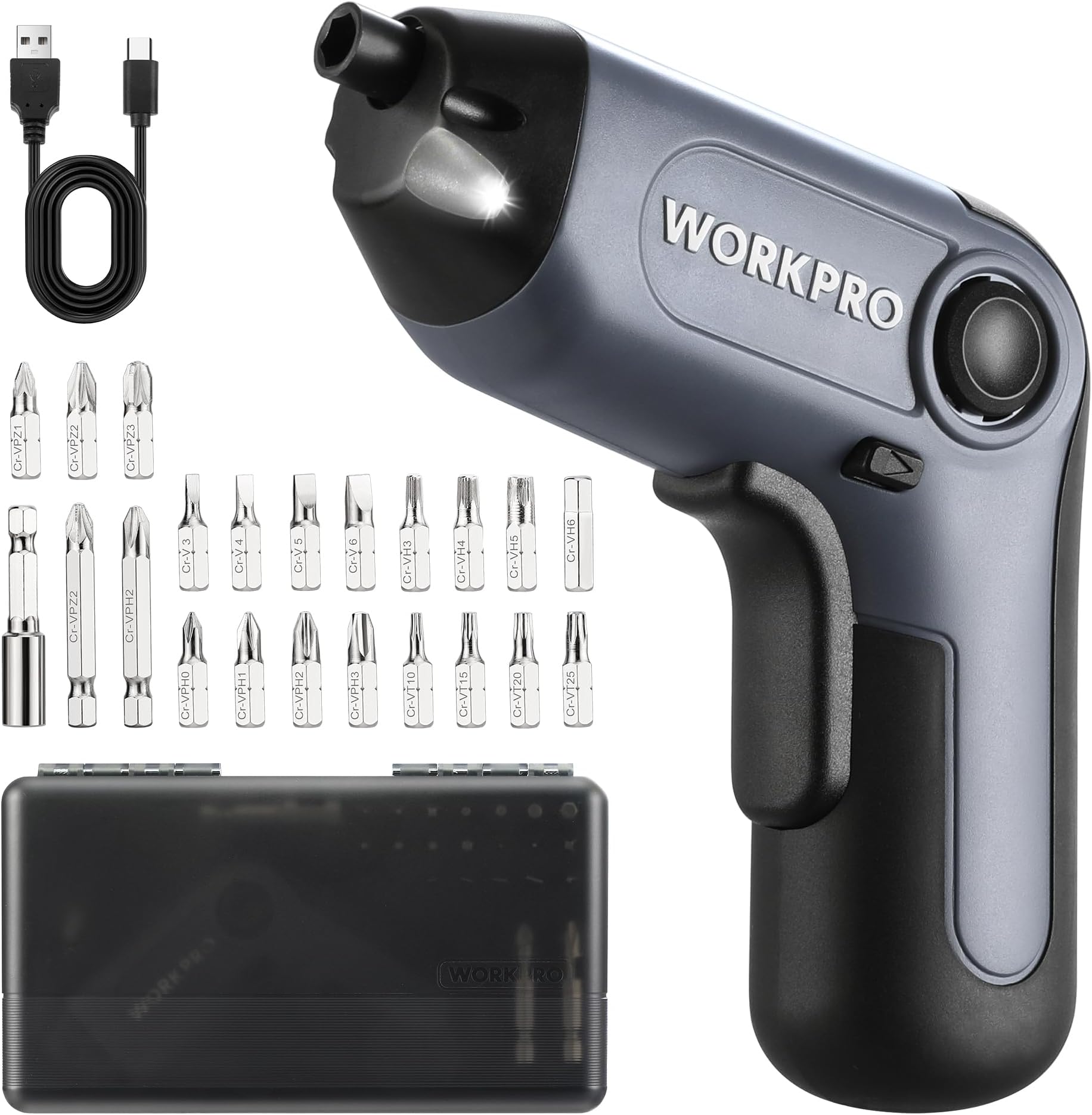 WORKPRO Electric Cordless Screwdriver with Offset Driving Shaft, 3.6V Automatic Rechargeable Screw Driver with 22PCS Bits, Battery Powered Automatic Screw Gun with LED Light & Carrying Case