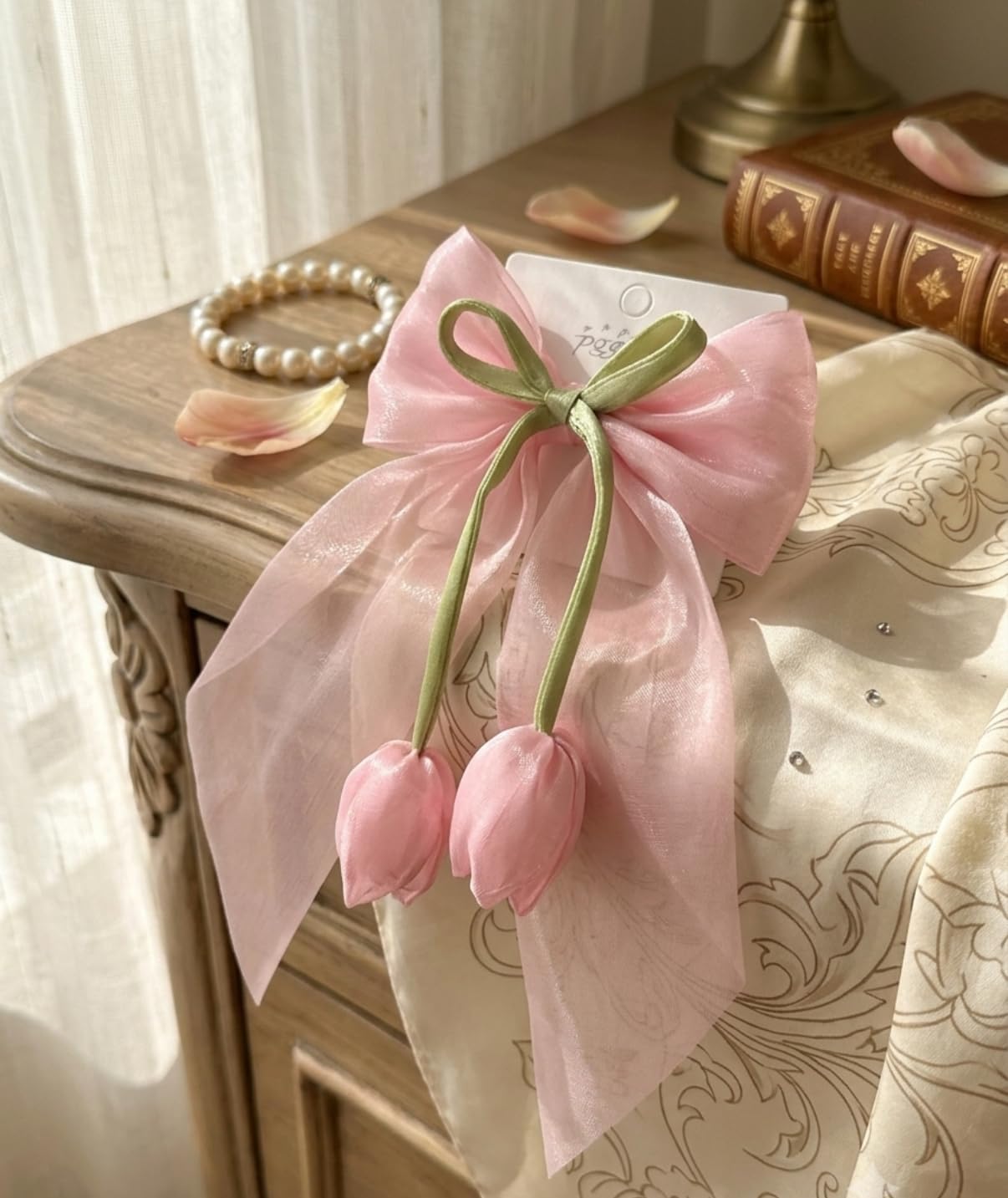 Pink Tulip Bow Hair Clip with Organza Ribbon Streamer with Floral Tassels | Floral Tulip Pendants, Sheer Organza Bow, Green Velvet Knot, Spring Hair Accessory, Women & Girls-image-44