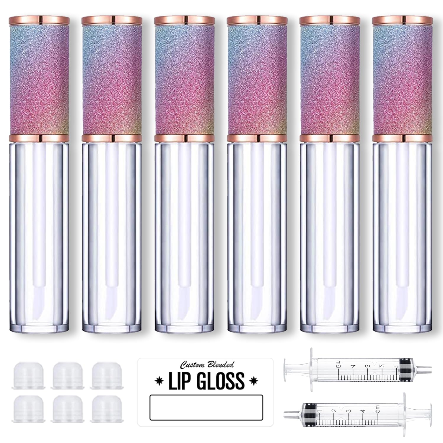 AMORIX 6pcs Lip Gloss Tubes with Wand 5ml Empty LipGloss Containers Rainbow Lipgloss Bottles Crystal Lip Gloss Supplies Kit with 2pcs Syringe