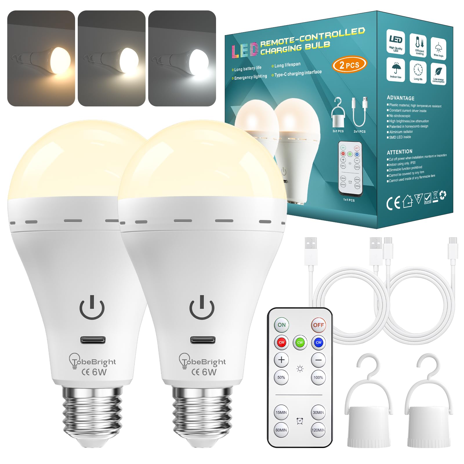 Ampoule Rechargeable E27 avec Télécommande, 3 Températures de Couleur Dimmable Ampoule Batterie Sans fil Rechargeable USB-C pour Urgence, Lampe de Camping, Usage extérieur(Lot de 2)