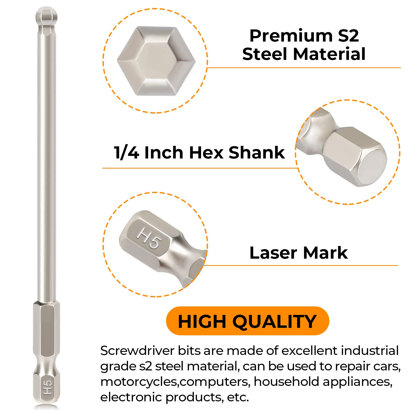 Ball End Allen Key Bit Set Hakkin 100mm Metric Ball End Hex Bits S2 Steel 1/4” Hex Shank Magnetic Allen Wrench Screwdriver Bit with Bit Driver for Furniture Assembly H1.5-H10 - Image 2