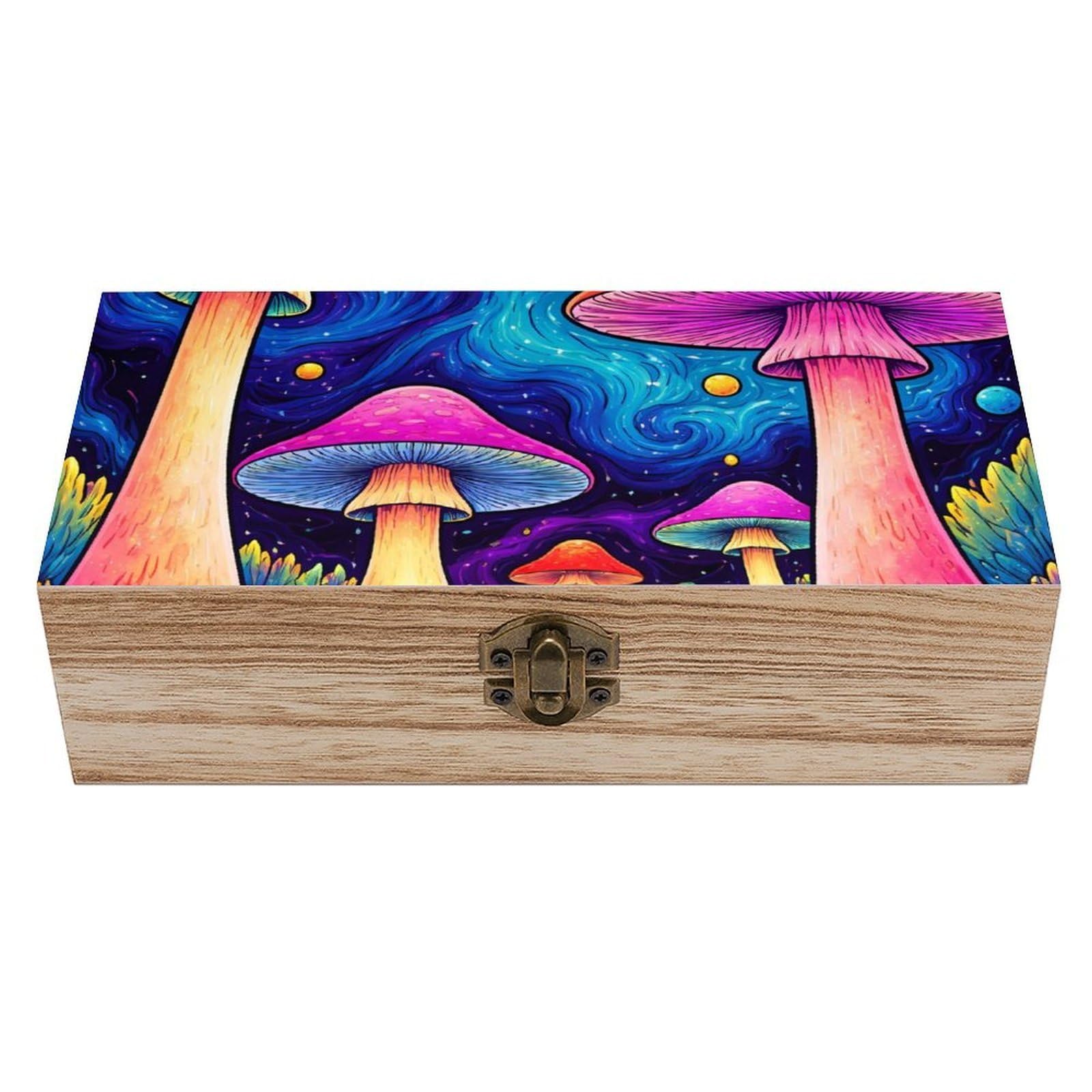 SMAZDFXX Trippy Mushrooms Arts Wooden Storage Box With Hinged Lid Decorative Front Clasp Keepsake Boxes