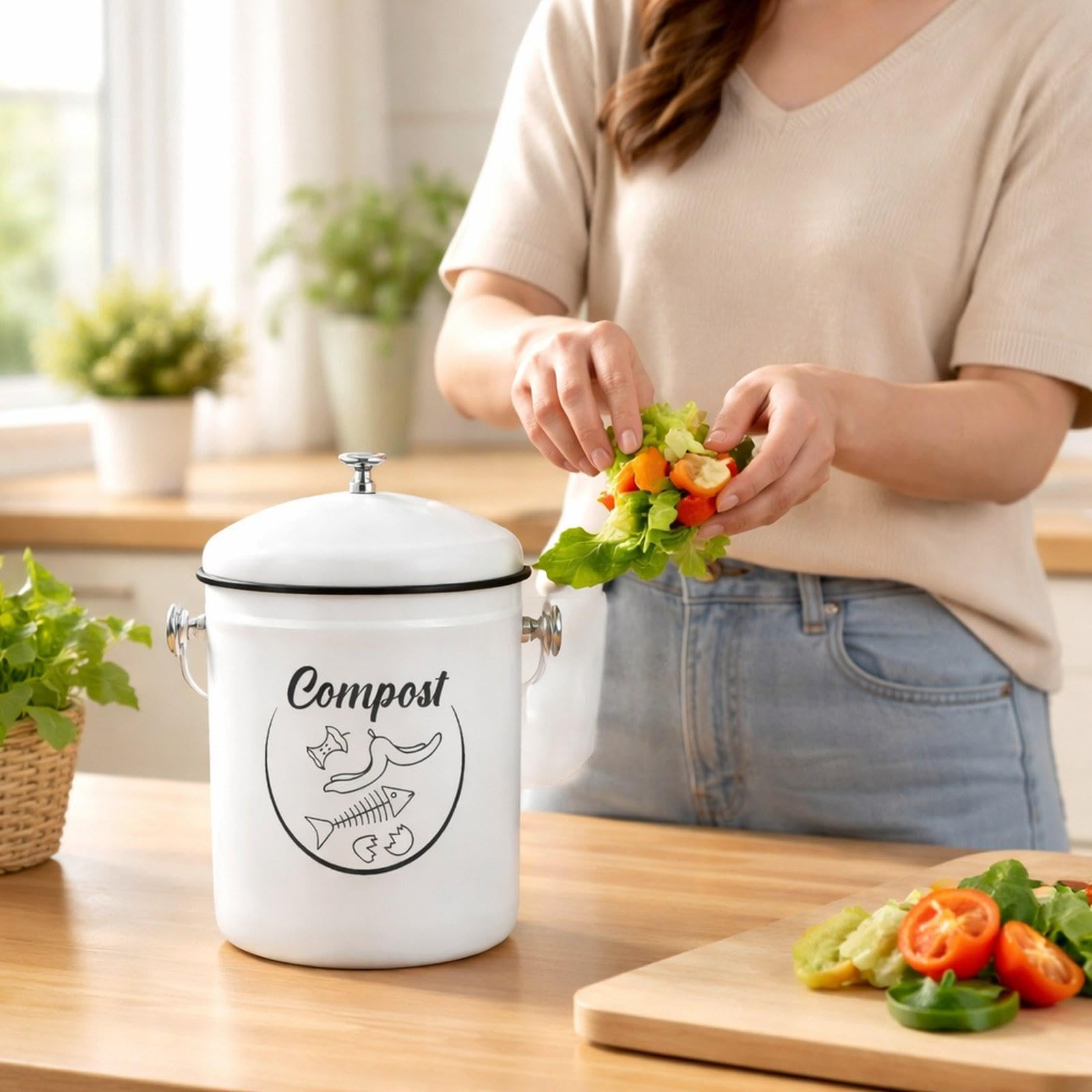 Composteur comptoir, seau à compost d'intérieur avec poignées, 5 L, indispensable en cuisine, seau robuste pour déchets alimentaires avec