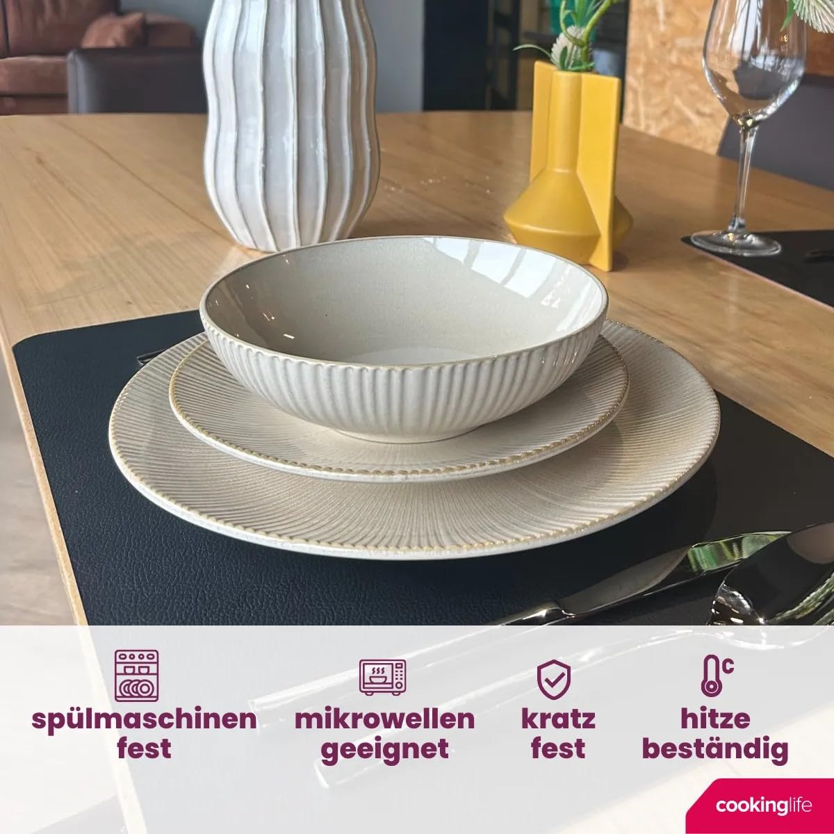 Cookinglife Geschirrset Coastal Lines Ocean Beige, 18-teilig für 6 Personen, Steingut, spülmaschinen- und mikrowellengeeignet