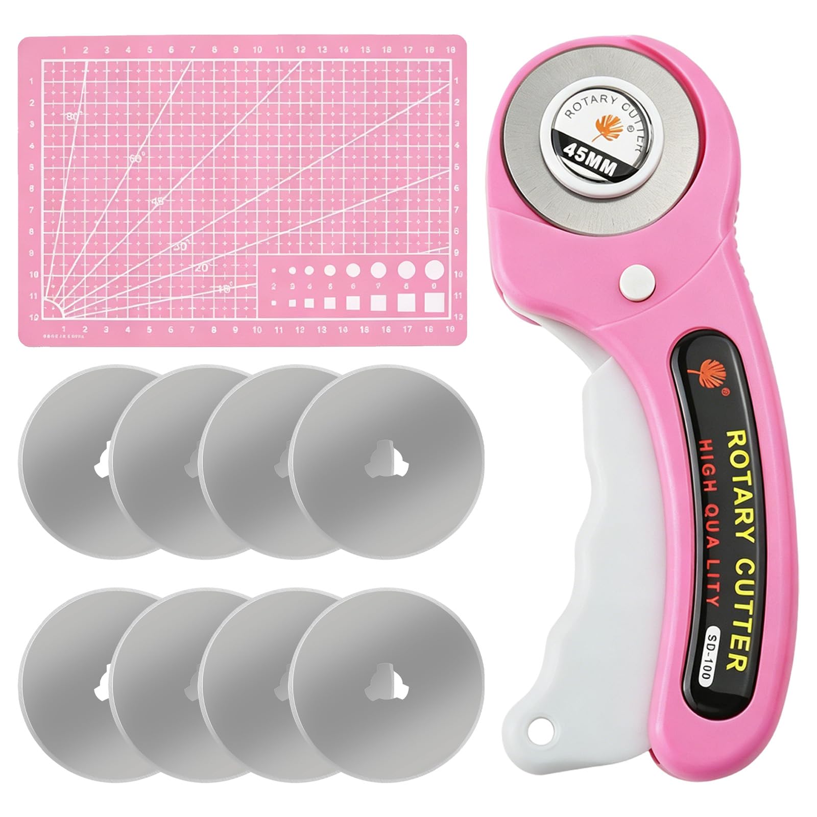 45mm Rotary Cutter for Fabric with 8 Extra Blades and A5 Cutting Mat