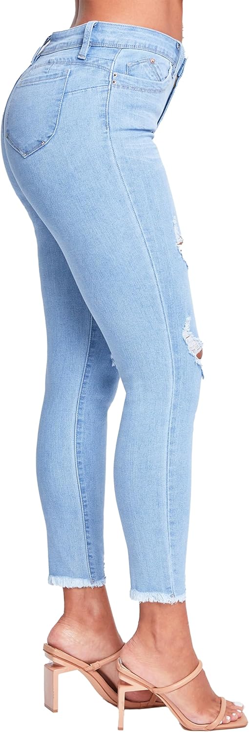 YMI Womens YMI Women's Junior Wannabettabutt Repreve Mid-Rise Ankle Jeans with Frayed Hem - Image 2
