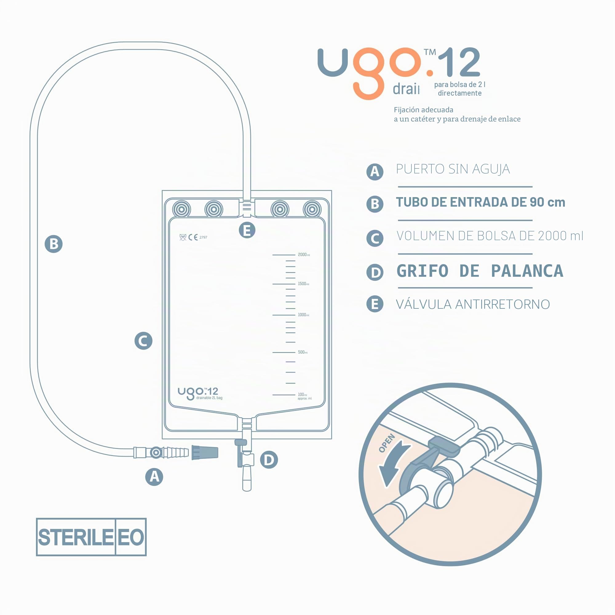 Ugo 2L Bolsas de drenaje de orina Grifo de Palanca Drenaje Continuo Paquete de 10