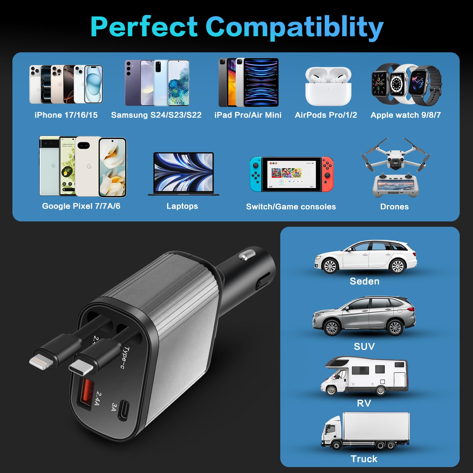 Caricatore da auto retrattile, ricarica rapida 4 in 1 con doppio cavo retrattile, adattatore USB-C e USB-A per auto per iPhone 17 16 15 14 13 Pro Max, Samsung Galaxy, Pixel, dispositivi Android