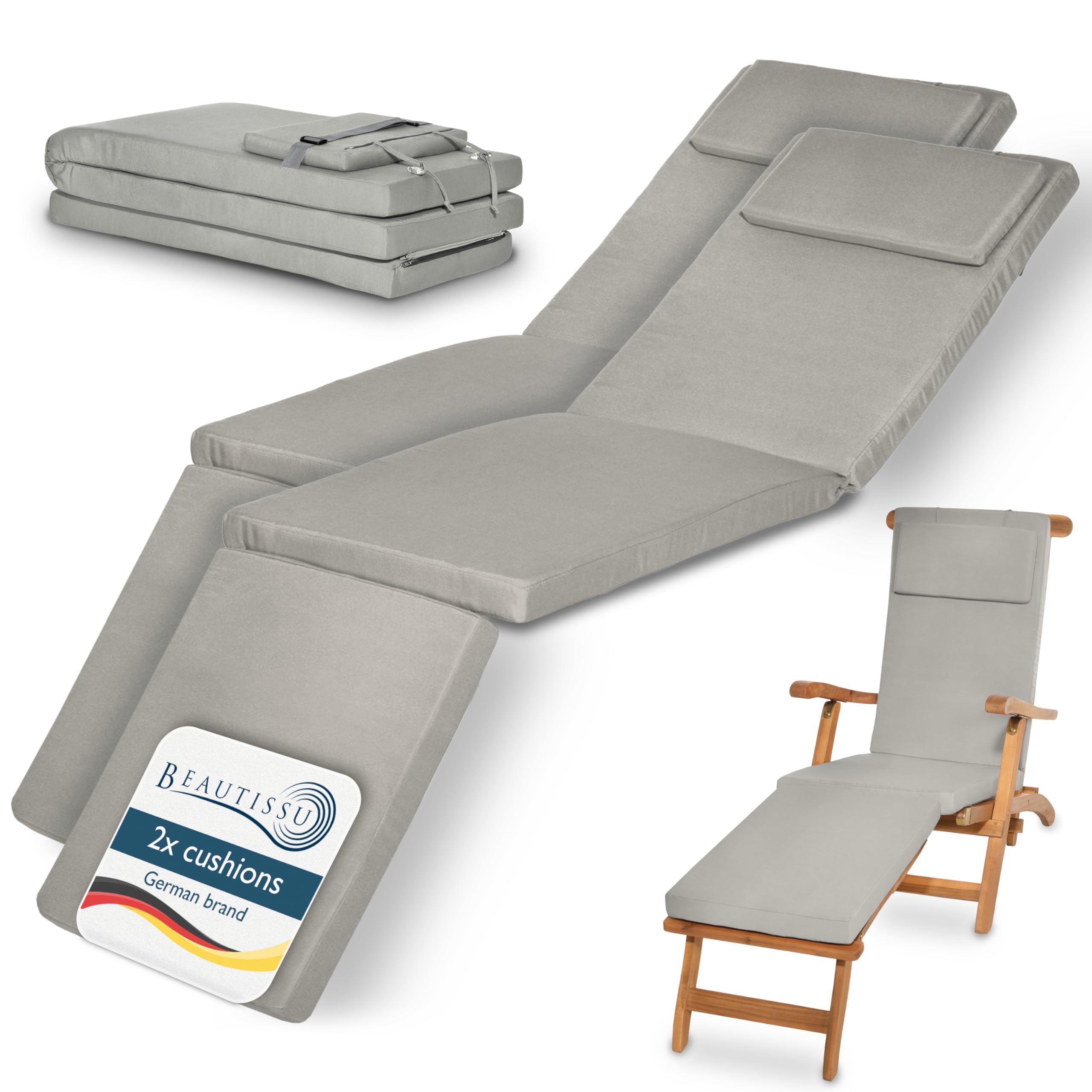 Beautissu 2x Cuscino per Sdraio da Esterno 175x45x5 cm LoftLux DC – Cuscini Imbottito da Giardino o Mare sfoderabile per Sedie Poltrone Giardino – Grigio Chiaro