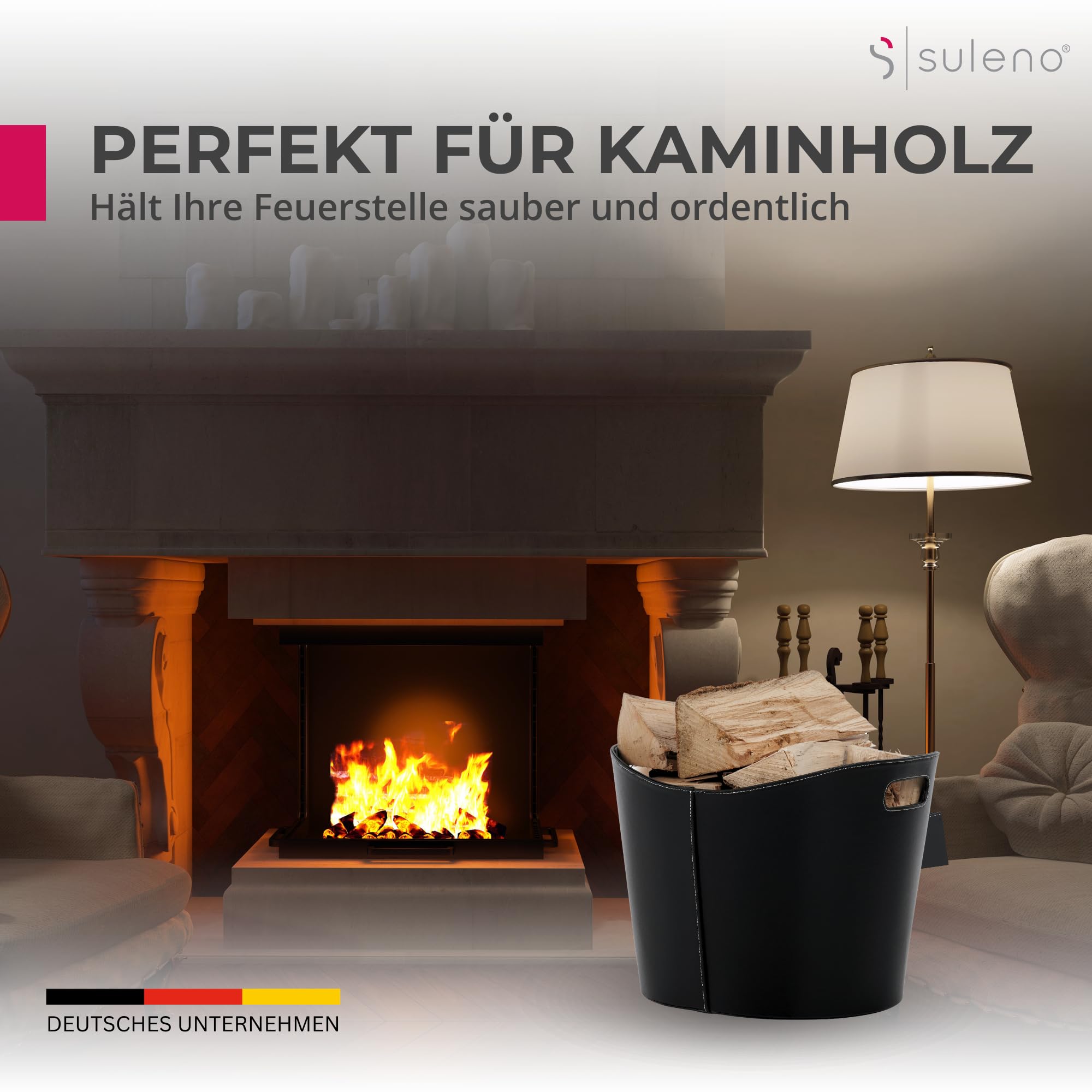 SULENO Holzkorb WEXFORD Brennholzkorb Kunstleder, L - 31,5 x 39,5 x 38 cm | schwarz, Kaminholz, Kaminholzkorb
