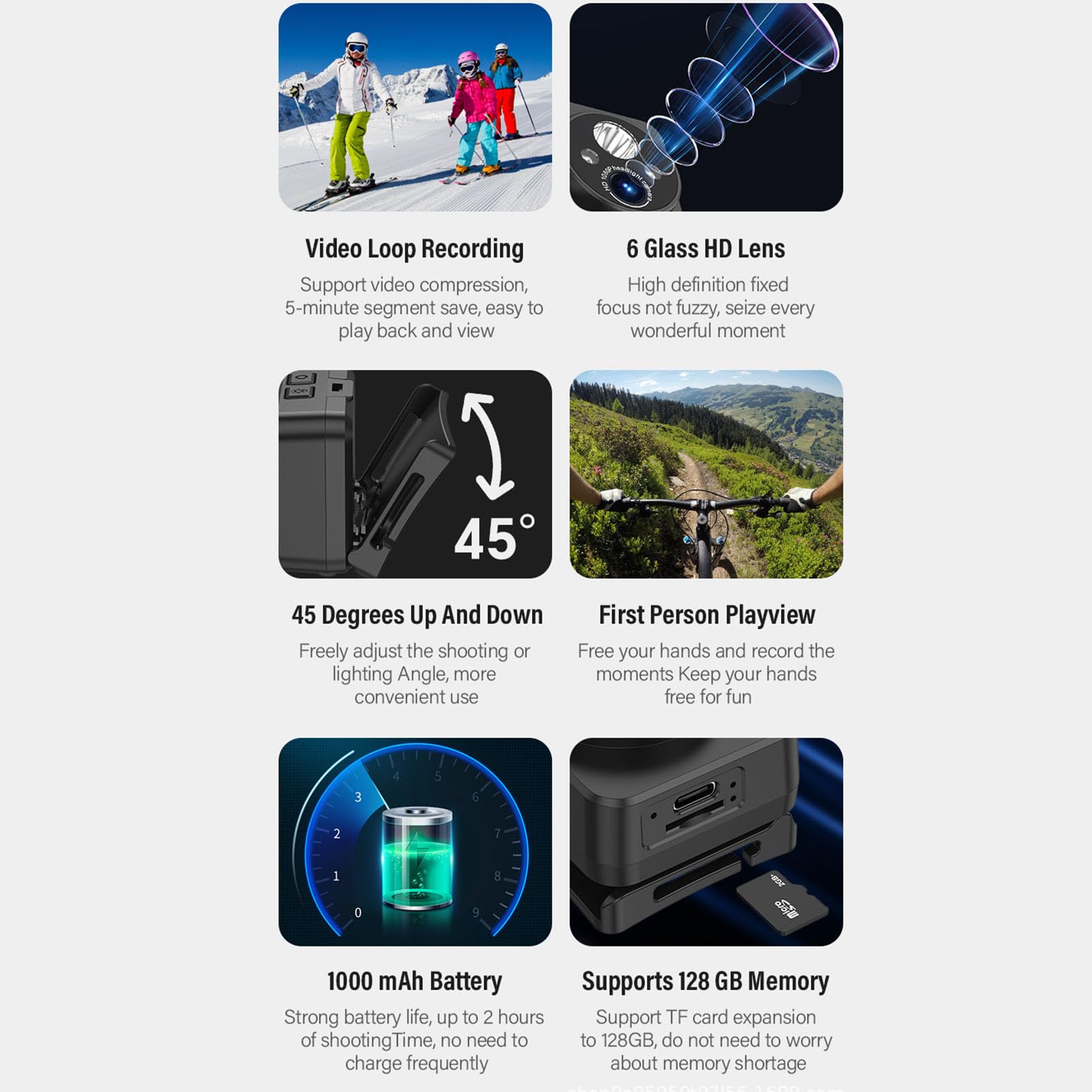 Sxhlseller Cámara Montada en la Cabeza con Luz LED, Cámaras Head de 2MP 1080p para Grabaciones, Cámara de Video de Cuerpo Portátil para Deportes Al Aire Libre Nocturnos (64G)
