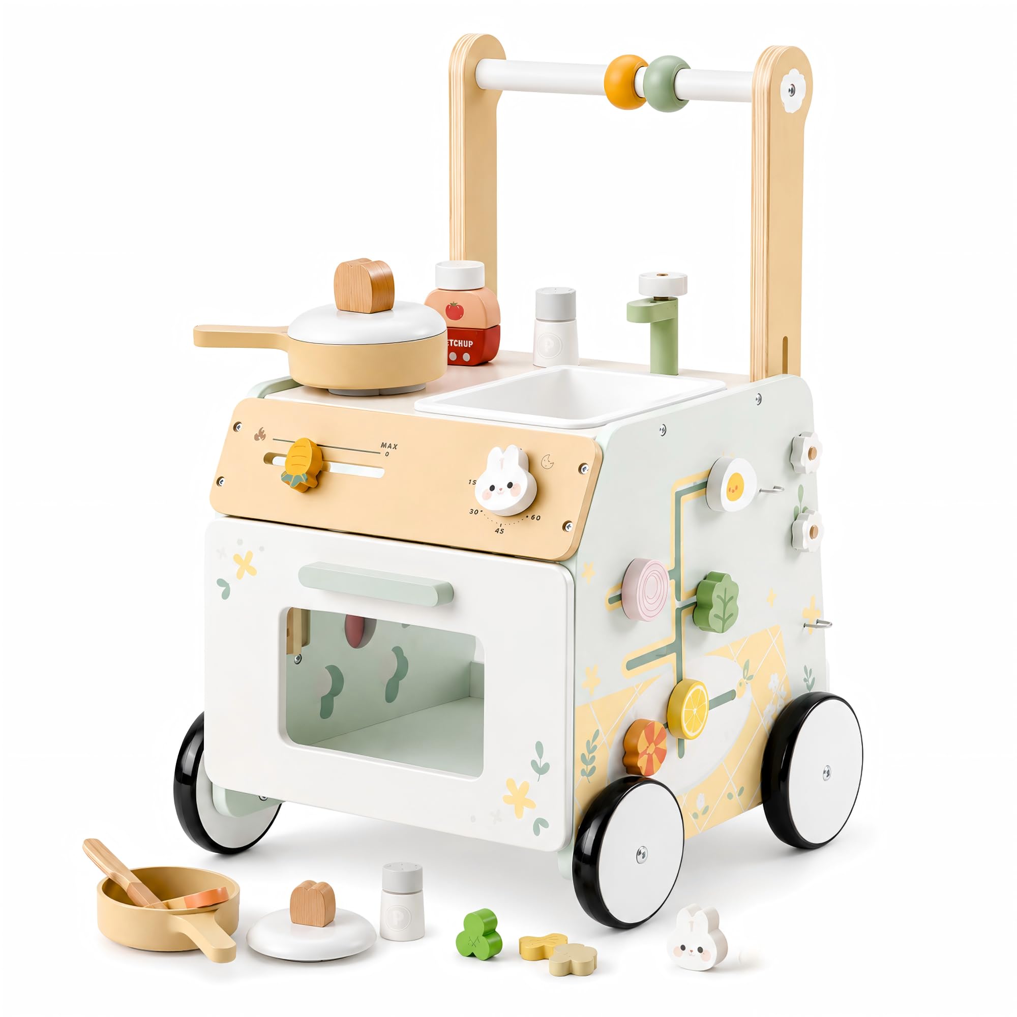 ROBUD Girello in legno per bambini piccoli, girello regolabile con centro giochi, ampio vano portaoggetti, regolazione di altezza e velocità, per bambini bambine 10M+