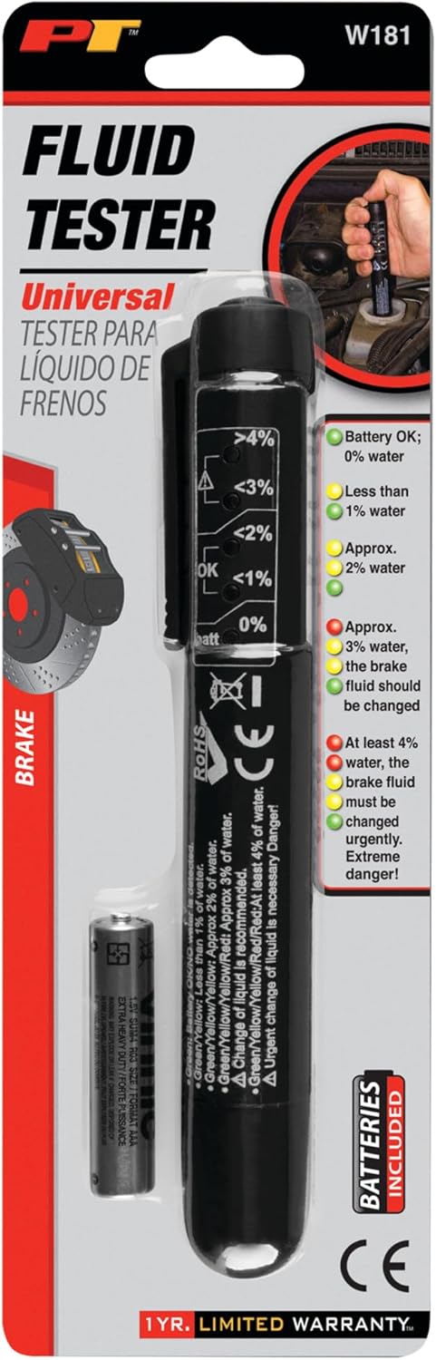 Performance Tool W181 Brake Fluid Moisture Tester - 5 LED Readout, Calibrated for DOT 4, Portable with AAA Battery Included, Not for use on DOT 5