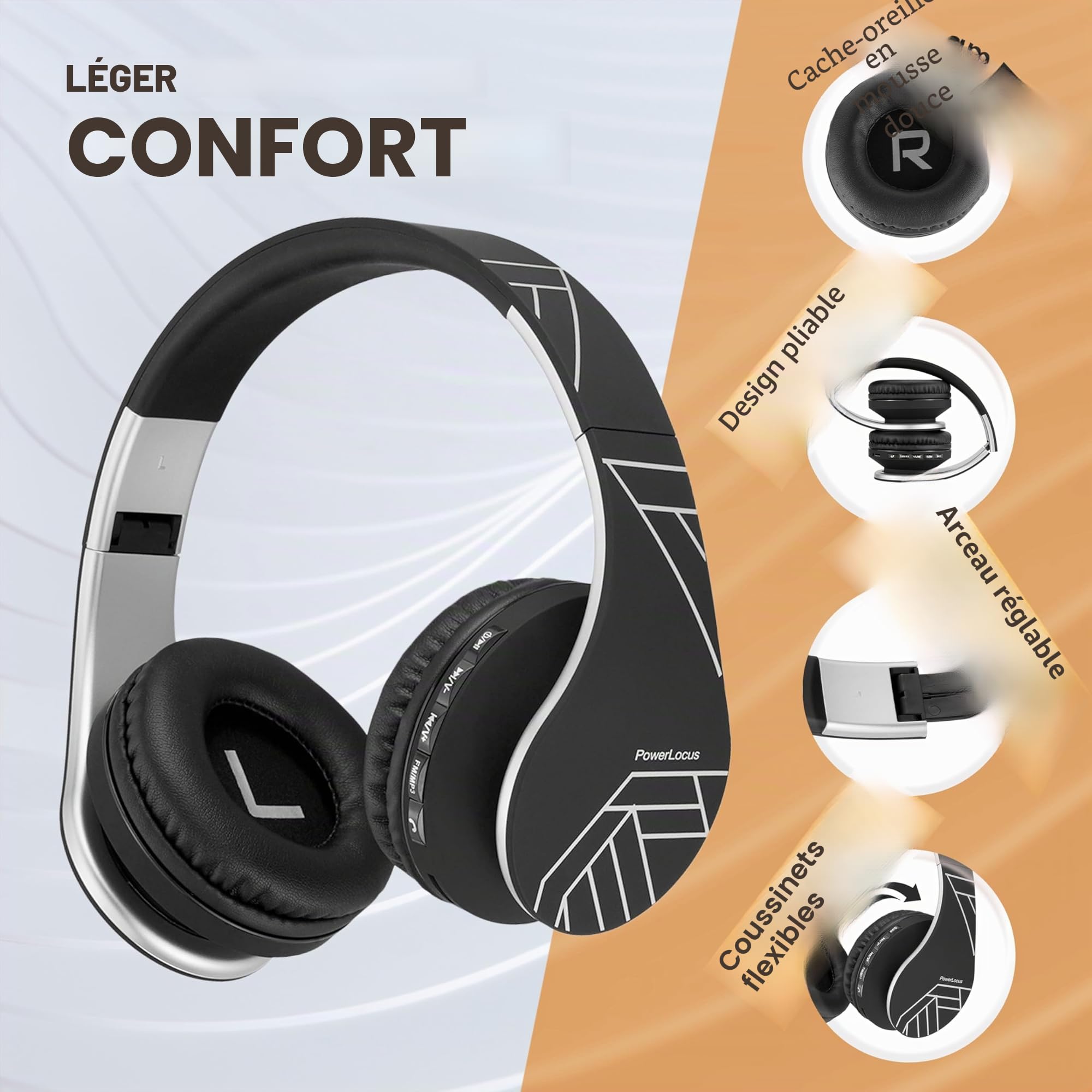 PowerLocus Casque Bluetooth sans Fil, Pliable Casque Audio Stéréo, Oreillette Bluetooth avec Micro Intégré/Micro SD/FM Radio pour Téléphones/PC/Tablettes/TV (Noir/Argent)