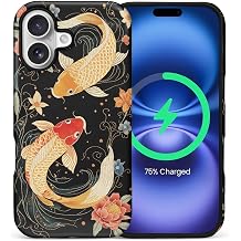 CARLOCA for iPhone 17 Compatible with Magsafe Full Body Protective Glossy Case, for Girl Boy Shockproof Magnetic Charge Esthetics Pattern Golden Koi Fish Swiming Flowers Swirl Water