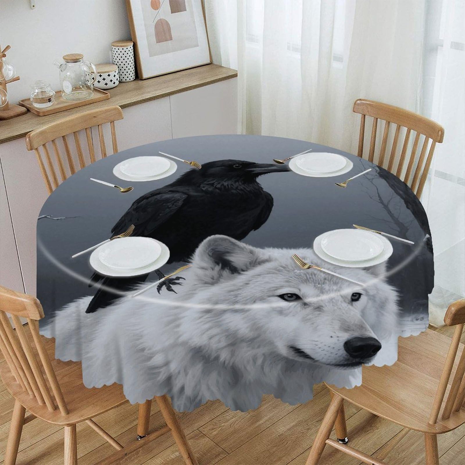 VstaDank Crow and White Wolf Round Tablecloth Wipeable Round Polyester Tablecloth Waterproof Wrinkle Free Indoor and Outdoor Table Cover 60 Inch Decorative Farmhouse Table Cloth for Dining