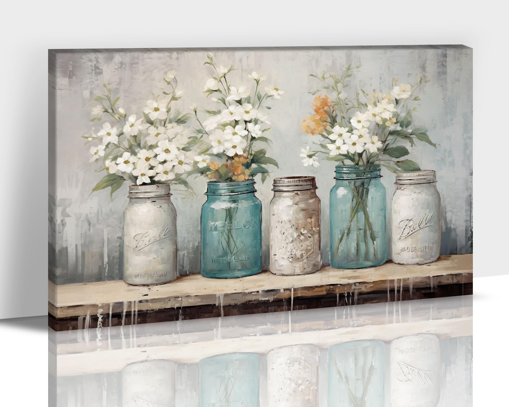 Flower Bathroom Wall Art, Rustic Mason Jar & Floral Nature Canvas Painting Pictures for Bedroom Decor, Framed Inspirational Elegance Wildflower Prints