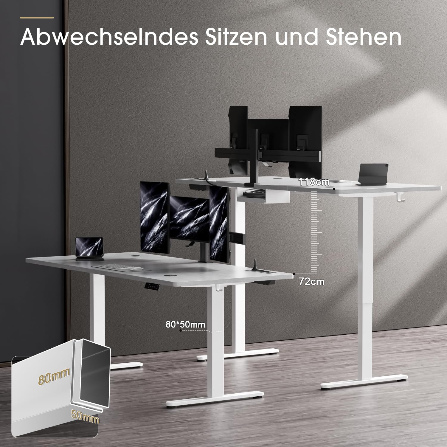 JUMMICO Biurko z regulacją wysokości z bezprzewodową stacją ładującą i gniazdem Euro z USB, 140 x 70 cm, biurko z regulacją wysokości, elektryczny stolik stojący na kółkach, kolor szary