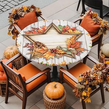 Round Fitted Tablecloth Fall Orange Maple Leaf Thanksgiving Berry Washable Waterproof Oil-Proof Elastic Table Covers for Camping Indoor Dining Table Protector Farm Wood Board Fits 55-60" Tables