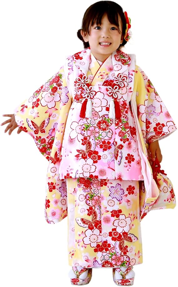 Amazon 77 黄地に桜と蝶 被布 白 七五三 着物 3歳 女の子 被布着物7点セット 着物 浴衣 通販