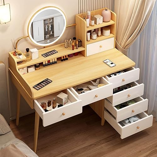 Miniatura 2 de Juego de tocador con espejo y luz, escritorio de maquillaje de madera con taburete acolchado, mesa de maquillaje grande con 7 cajones y 4 estantes