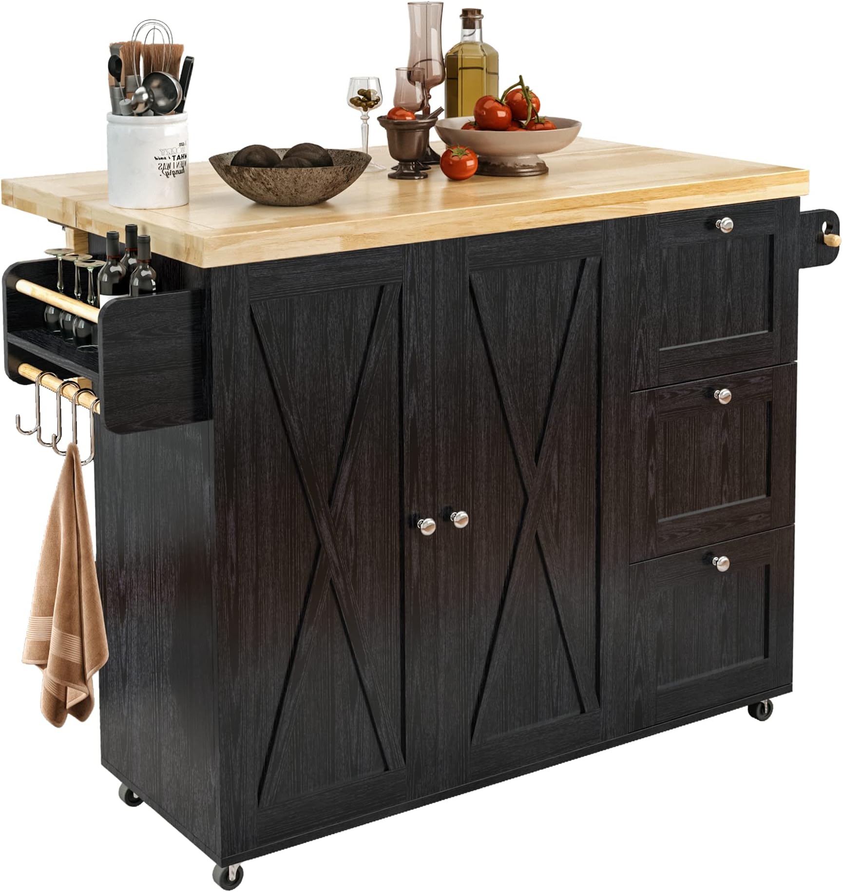 IRONCK Rolling Kitchen Island Cart with Drop-Leaf Countertop, Barn 3Drawers, Barn Door Style Cabinet,Thicker Rubberwood Top, Spice Rack, on Wheels, for Kitchen and Dining Room, Black