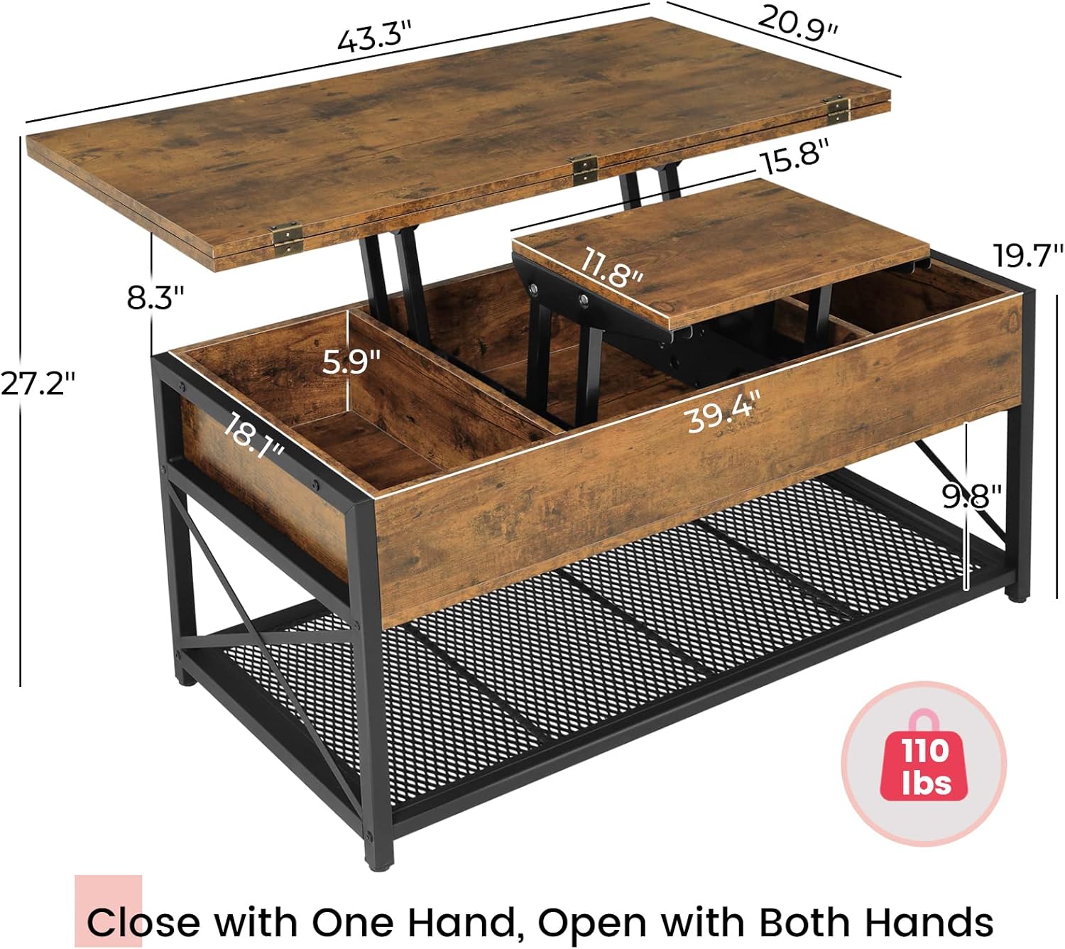 Diagram showing detailed dimensions of the Itaar lift top coffee table, including length, width, height, and internal storage dimensions.