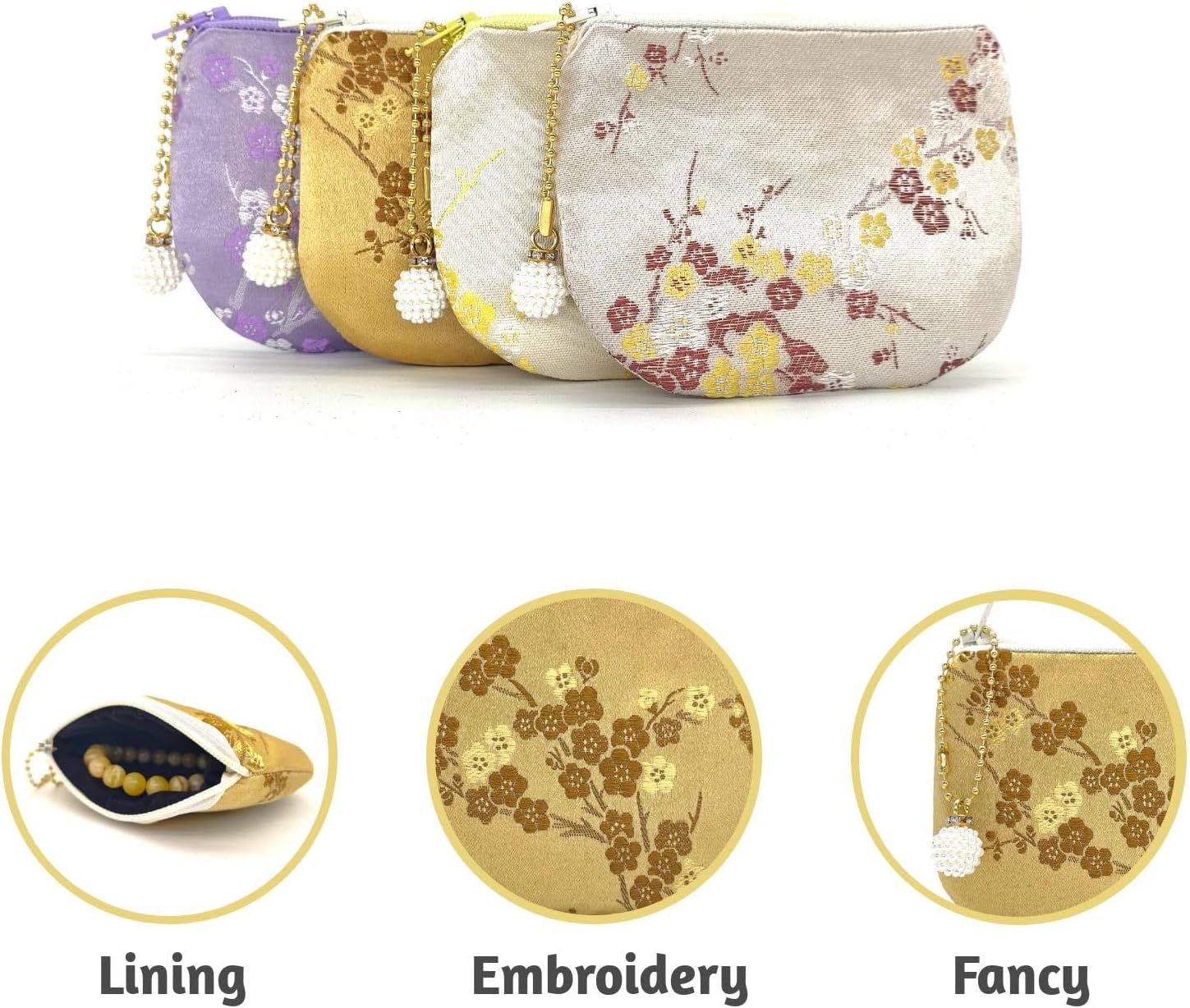 Handmade Women Coin Purse Brocade Rosary Bag Silk Jewelry Pouch Zipper Wallet - Gloden - Image 4