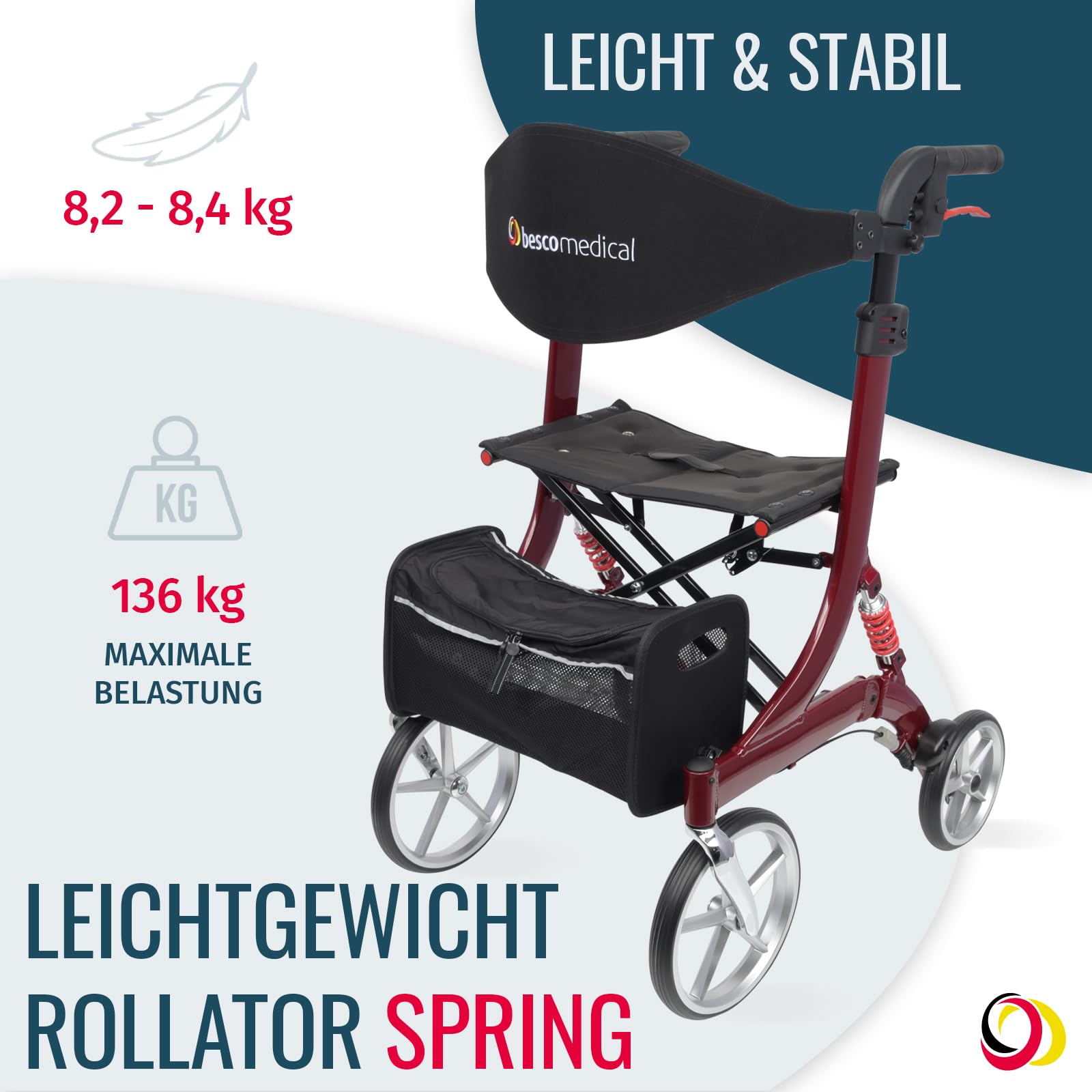 Leichtgewicht-Rollator SPRING - Komfort-Federung - Modell S Bordeauxrot | höhenverstellbar & faltbar - Gehhilfe inkl. Netztasche & breitem Rückengurt - bequeme Sitzfläche - zusammenklappbar