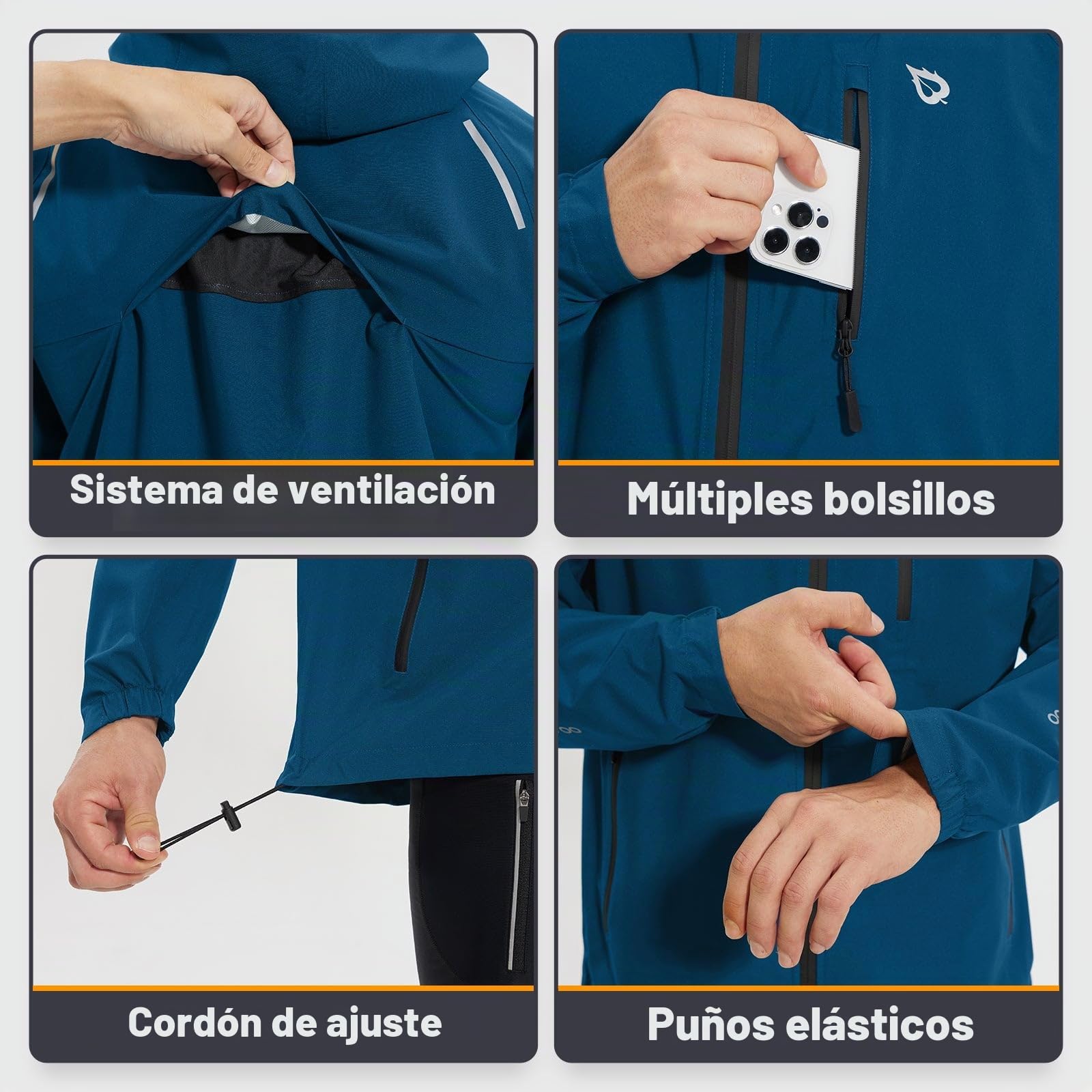 baleaf Chubasquero para hombre, chaqueta impermeable para exteriores, cortavientos, con capucha, 10000 mm, H2O, impermeable