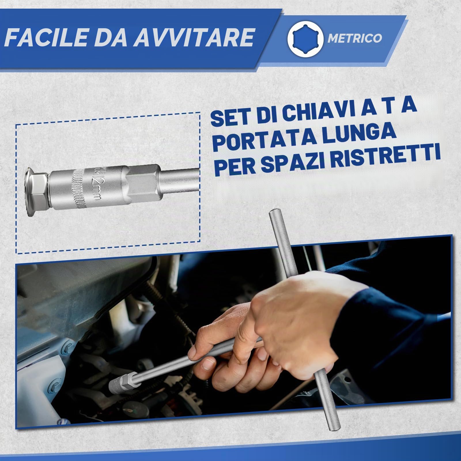 Set di chiavi a T con impugnatura metrica, 10 pezzi (7 mm, 8 mm, 9 mm, 10 mm, 11 mm, 12 mm, 13 mm, 14 mm, 17 mm, 19 mm), acciaio Cr-V, 6 punte, per riparazione di auto e moto da cross