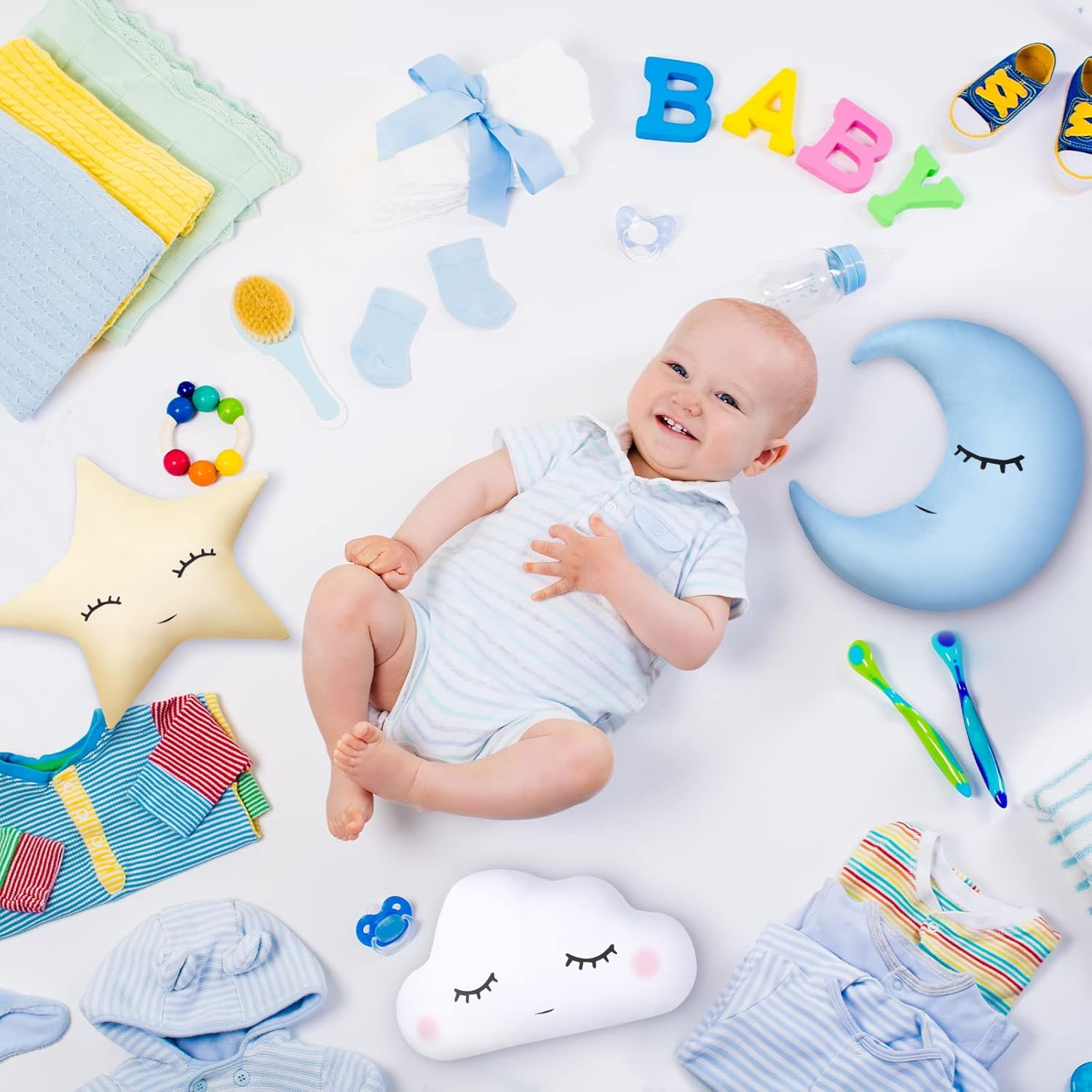 Chunful 3 Pcs Moon Star Cloud Plush Pillows Soft Stuffed Nursery Decor Cushions for Bedroom Home Decor(Blue Yellow White)