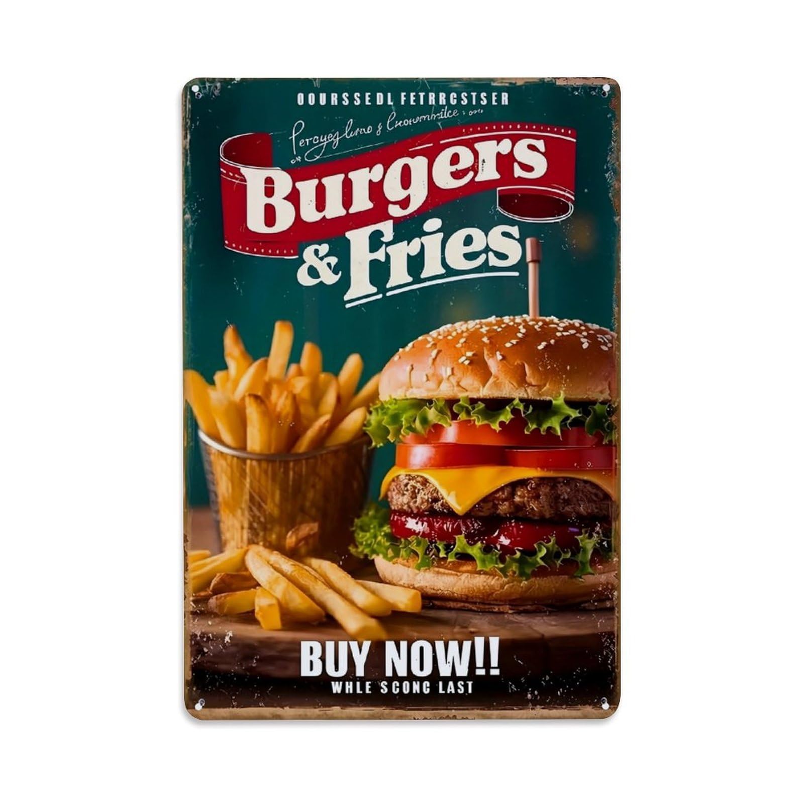 Jdyaojiesheng Vintage Burger And Fries Advert Design Tin Sign Retro Metal Wall Decor Metal Poster, Home Bar Garage Farmhouse Cafe Wall Art Decoration 8X12inches