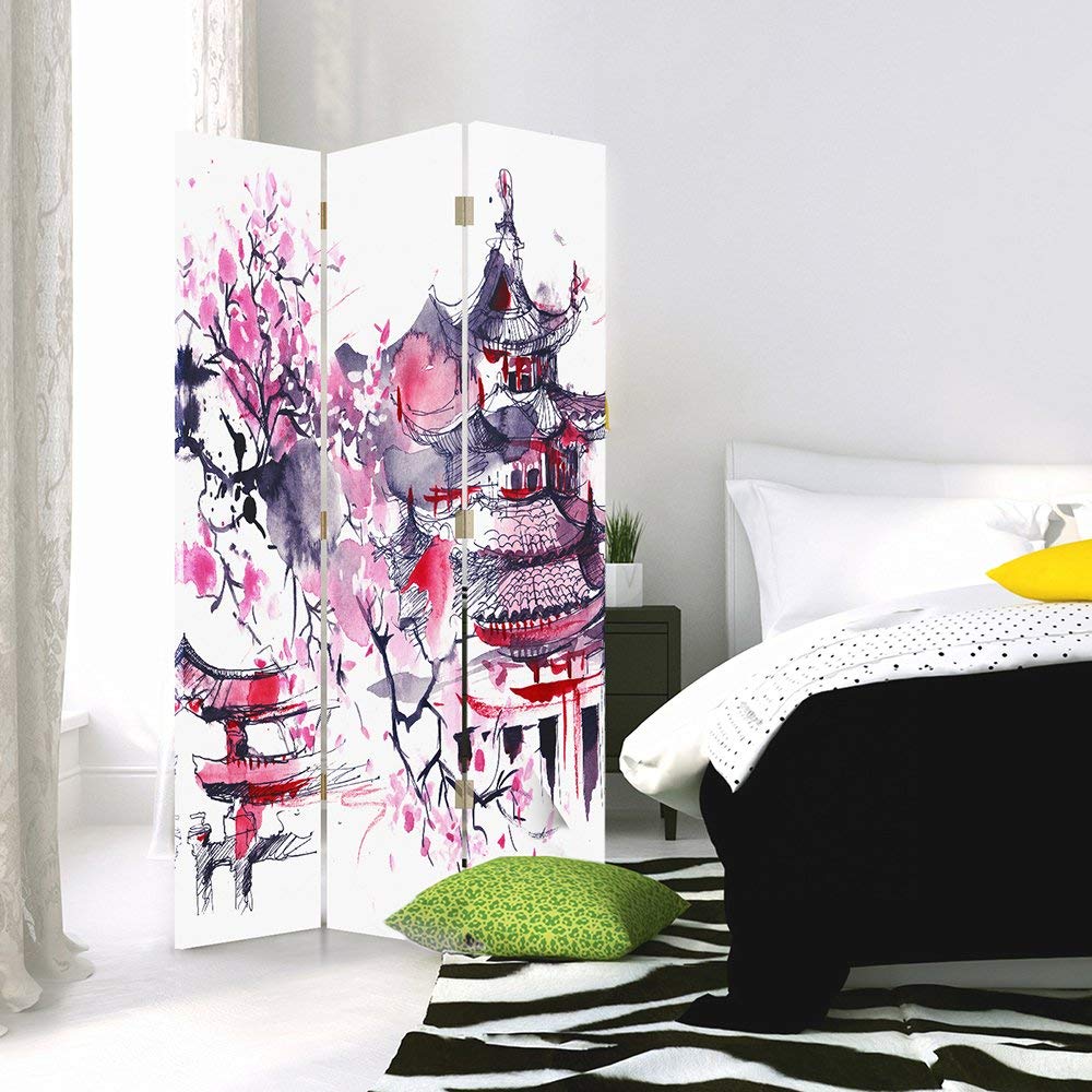 Feeby Paravent Cerisier Japonais 110x180 cm Une Seule Côté Cloison de séparation Écran Pliant Foto Paravent Interieur Décoratif Mur Espagnol Impression sur Toile Chambre d'enfant Salon Bureau Violet