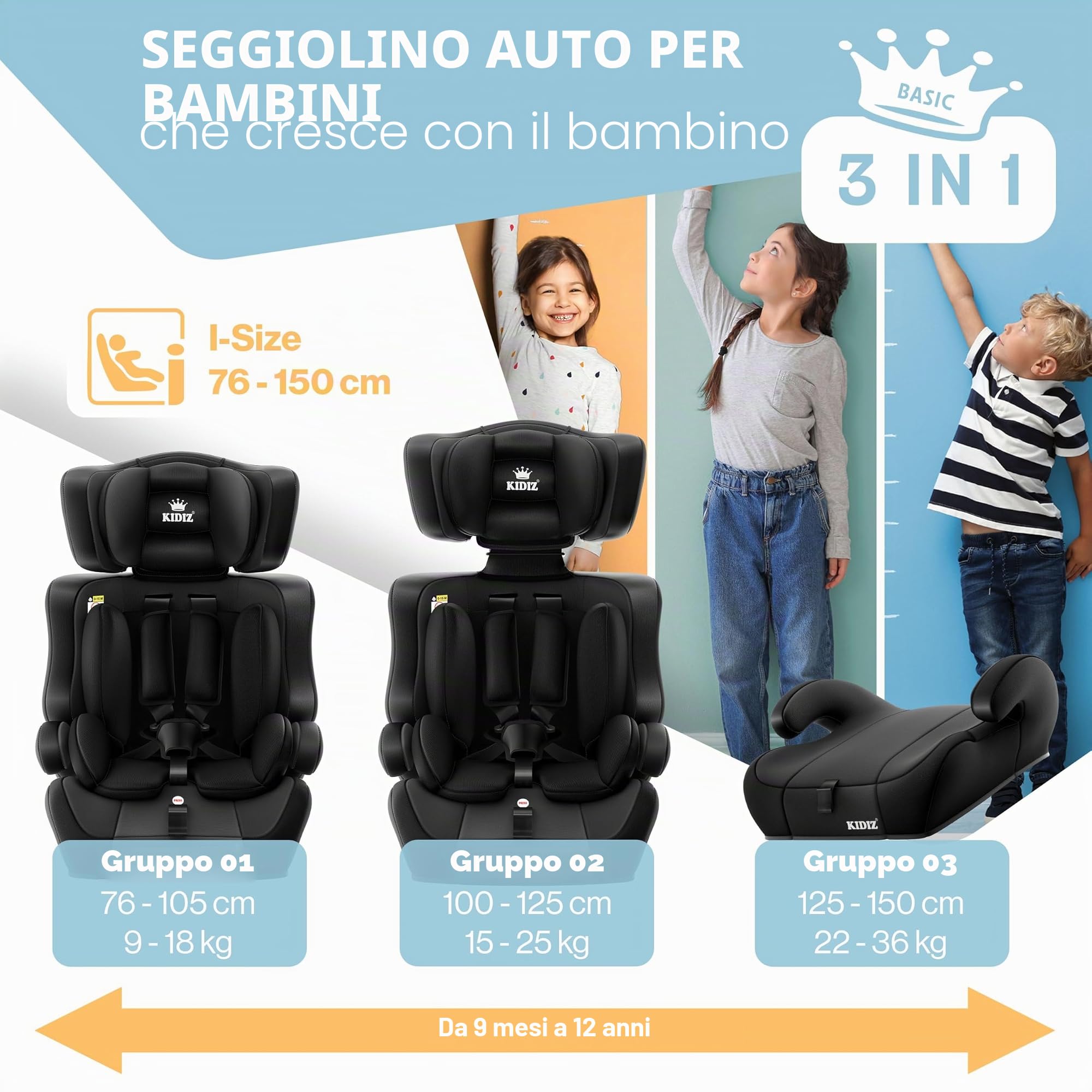 KIDIZ® Seggiolino auto i-Size R129, da 100 a 150 cm fino a 12 anni, gruppo 1/2/3, senza Isofix, seggiolino per bambini che cresce con il piede, cintura a 5 punti e poggiatesta regolabile in altezza