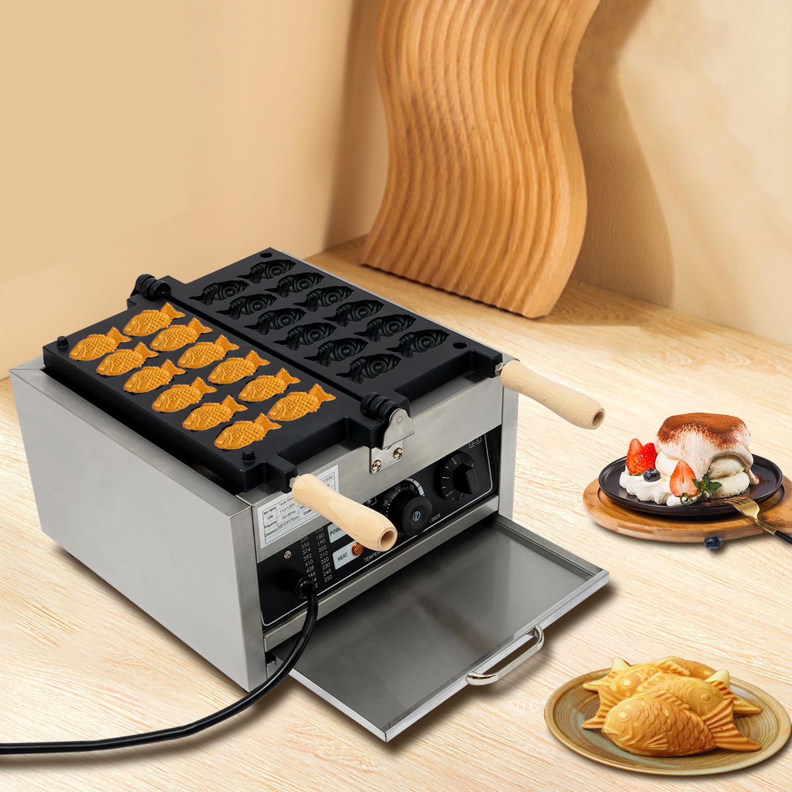 Mini Taiyaki Maker, 12 Fish-Shaped Commercial Waffle Making Machine with Non Stick Cooking Plate for Family, Cafes, Food Stores, Restaurants, 110V 1.8KW